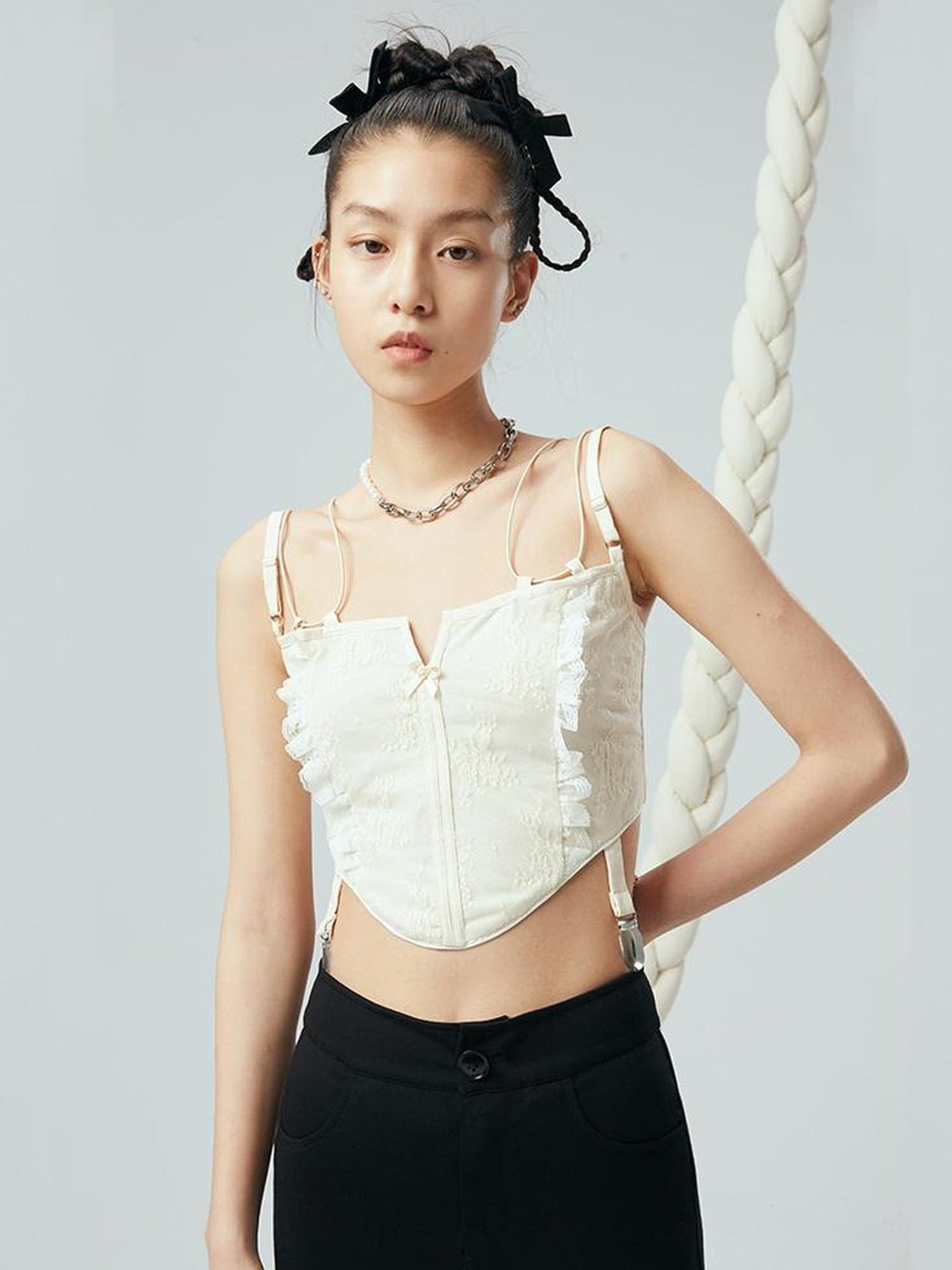 DIDDI MODA Lace Up Floral Jacquard Corset Top