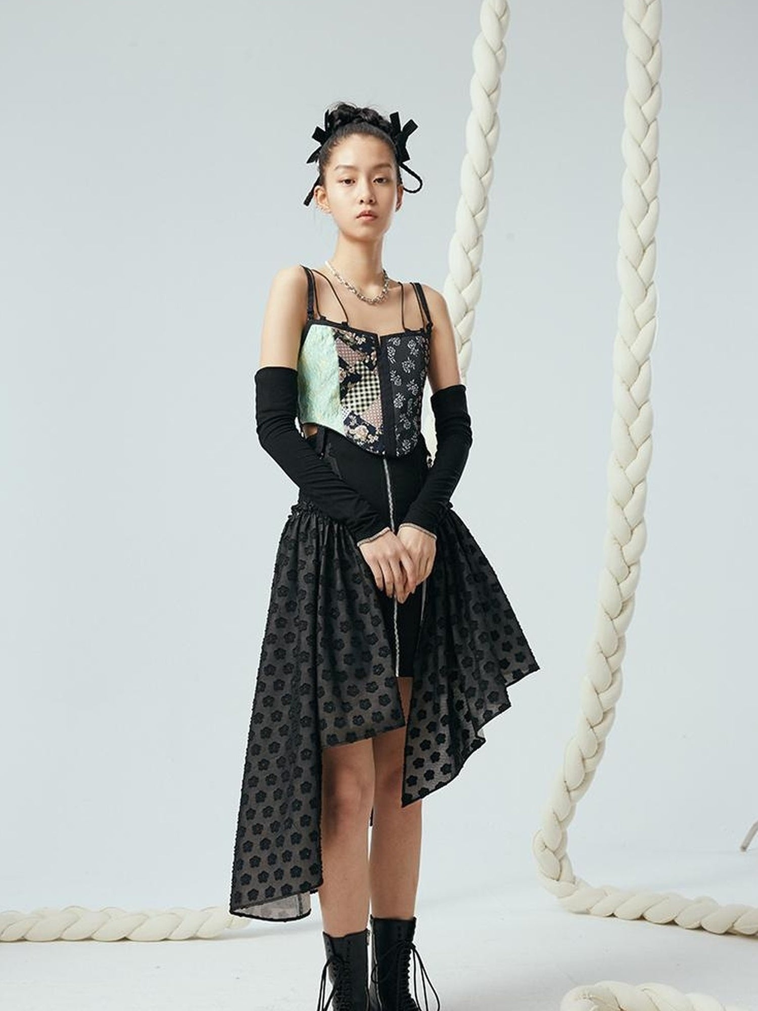 DIDDI MODA Lace Up Floral Jacquard Corset Top