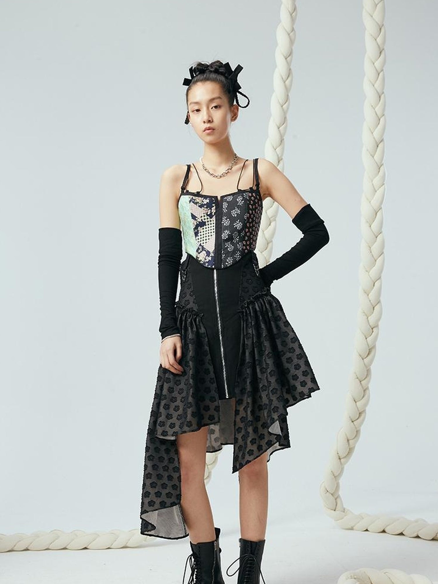 DIDDI MODA Lace Up Floral Jacquard Corset Top
