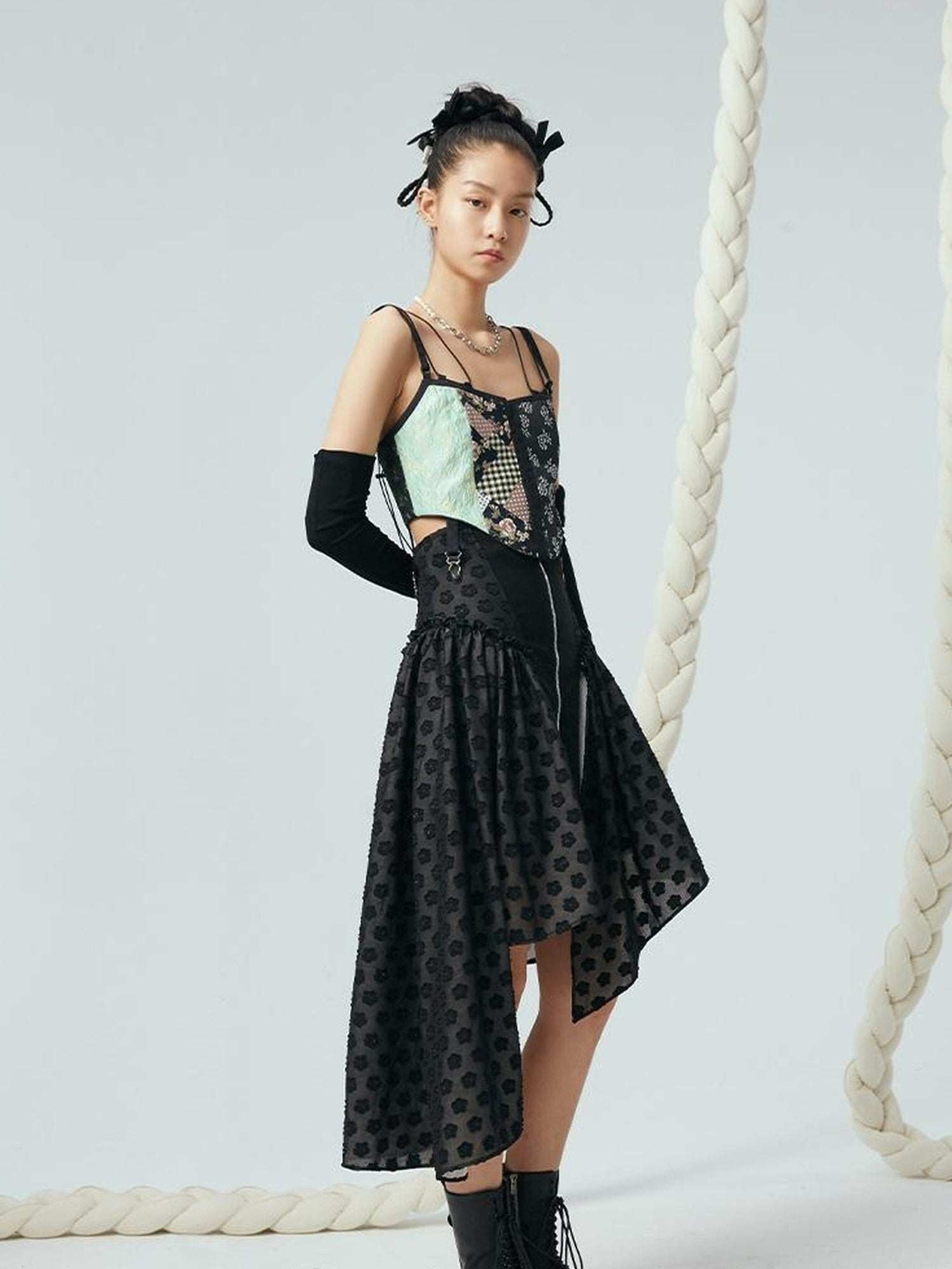 DIDDI MODA Lace Up Floral Jacquard Corset Top
