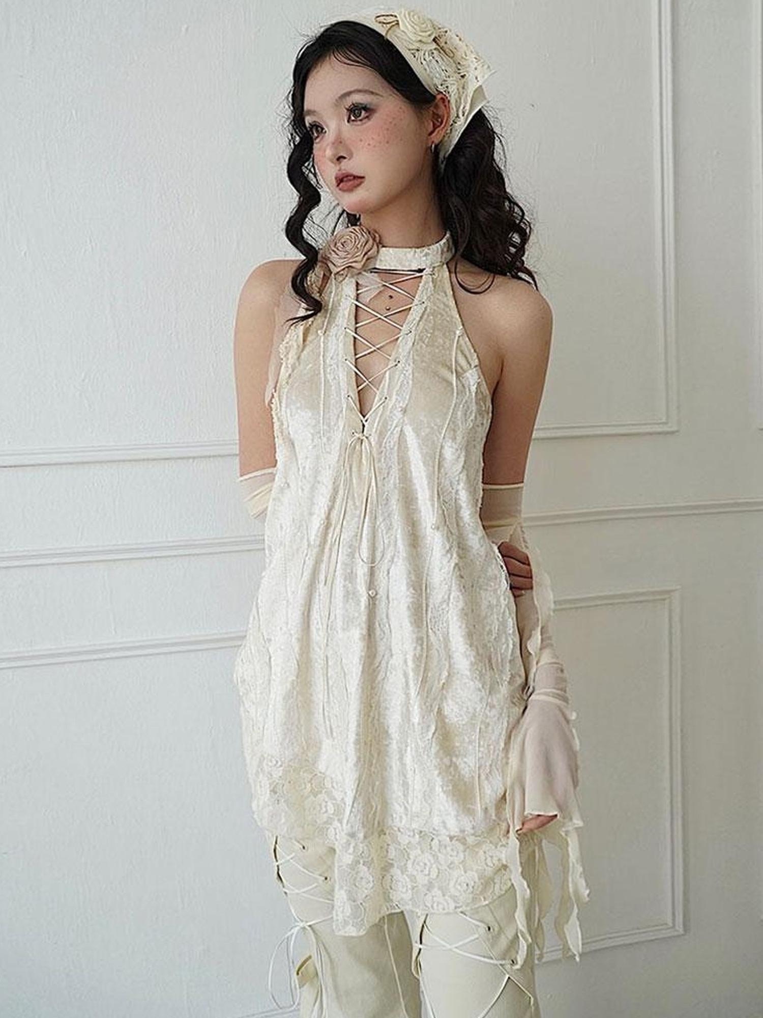 WSW WUSHENWU Lace Velvet Rose Backless Bustier Top