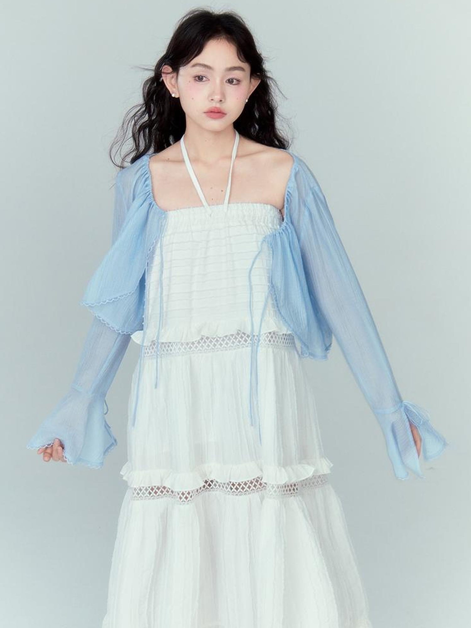 DIDDI MODA Lacy Shell Embroidered Blue Sunshield Cardigan