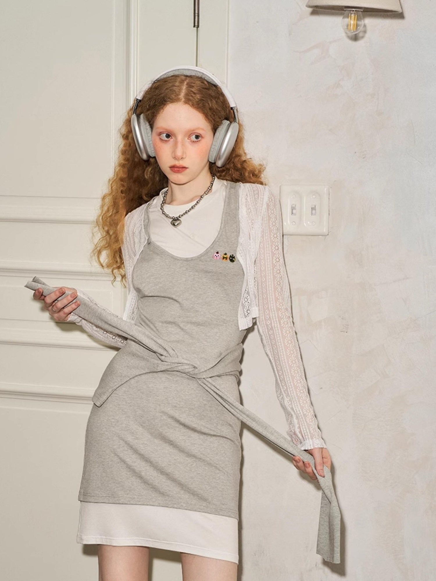 DIDDI MODA Layered Cat Embroidery Cotton Dress Set