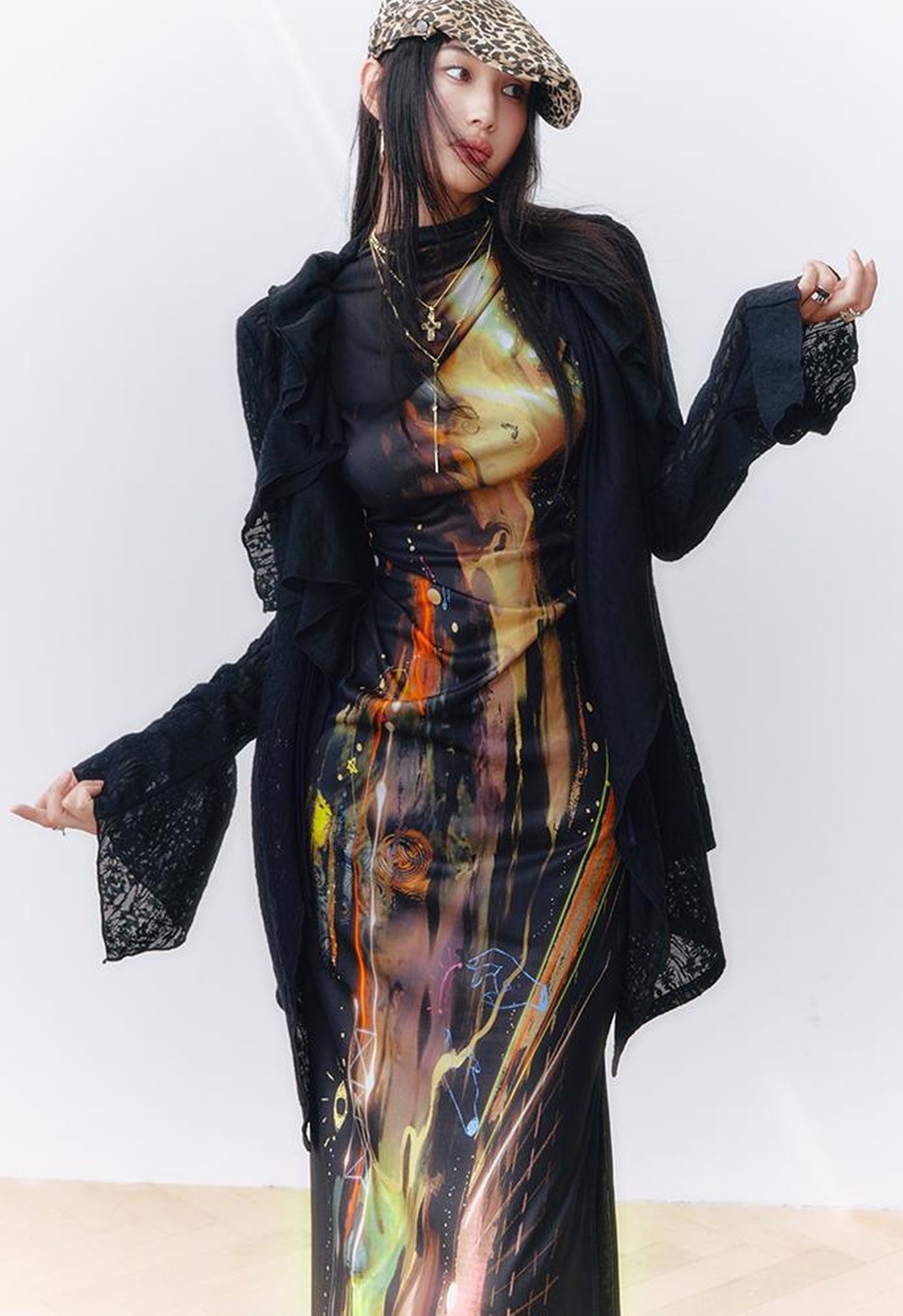 OfAkiva Layered Drawstring Lace Hem Knit Cardigan Sweater