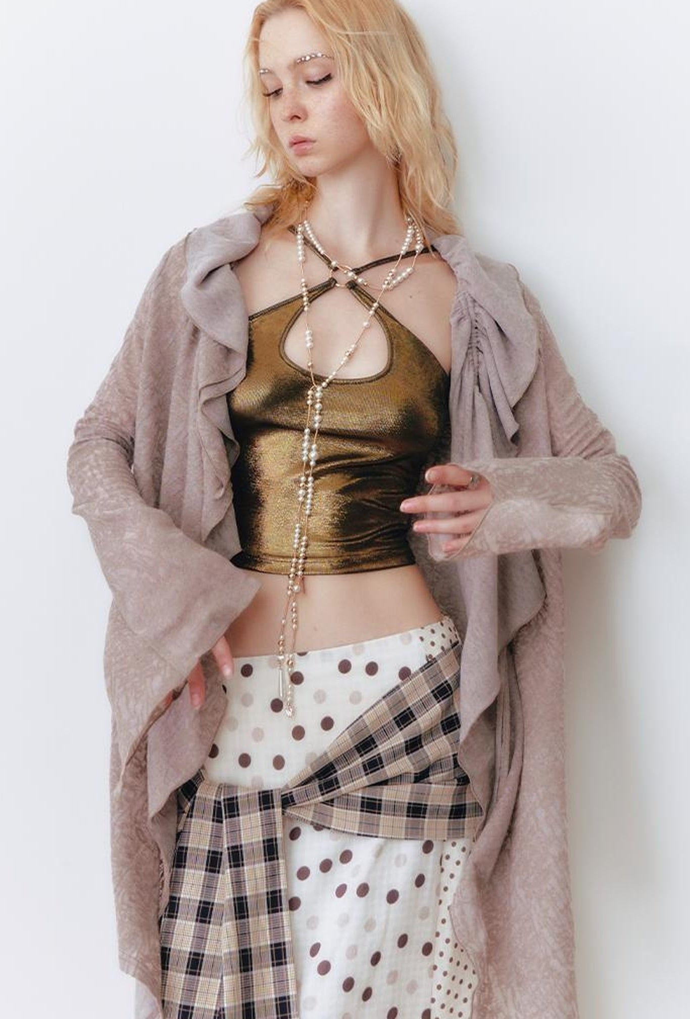 OfAkiva Layered Drawstring Lace Hem Knit Cardigan Sweater