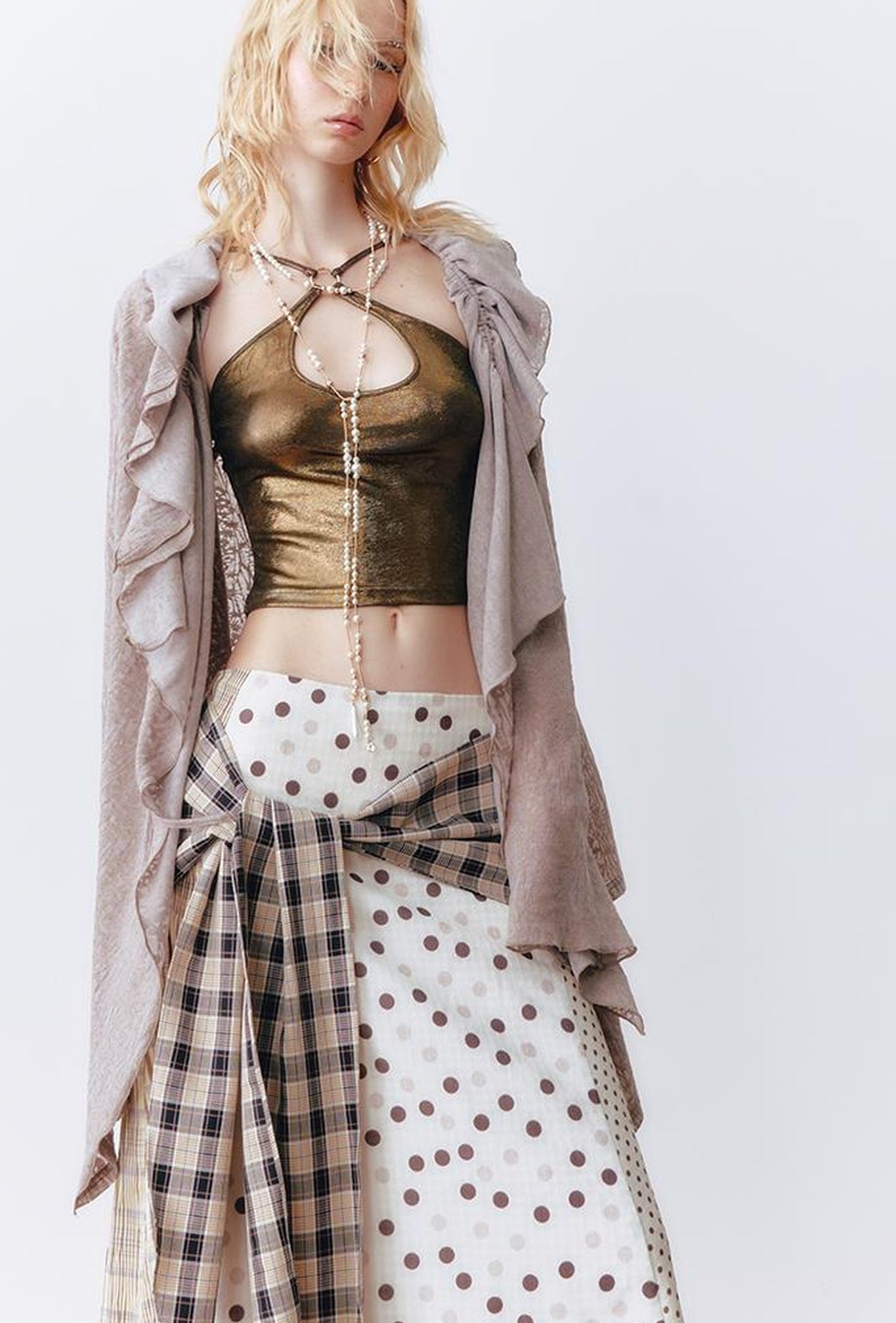 OfAkiva Layered Drawstring Lace Hem Knit Cardigan Sweater