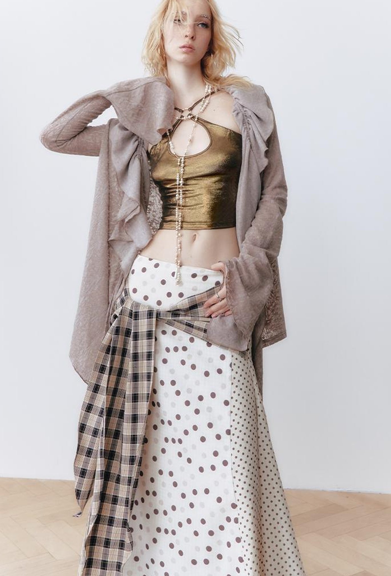 OfAkiva Layered Drawstring Lace Hem Knit Cardigan Sweater