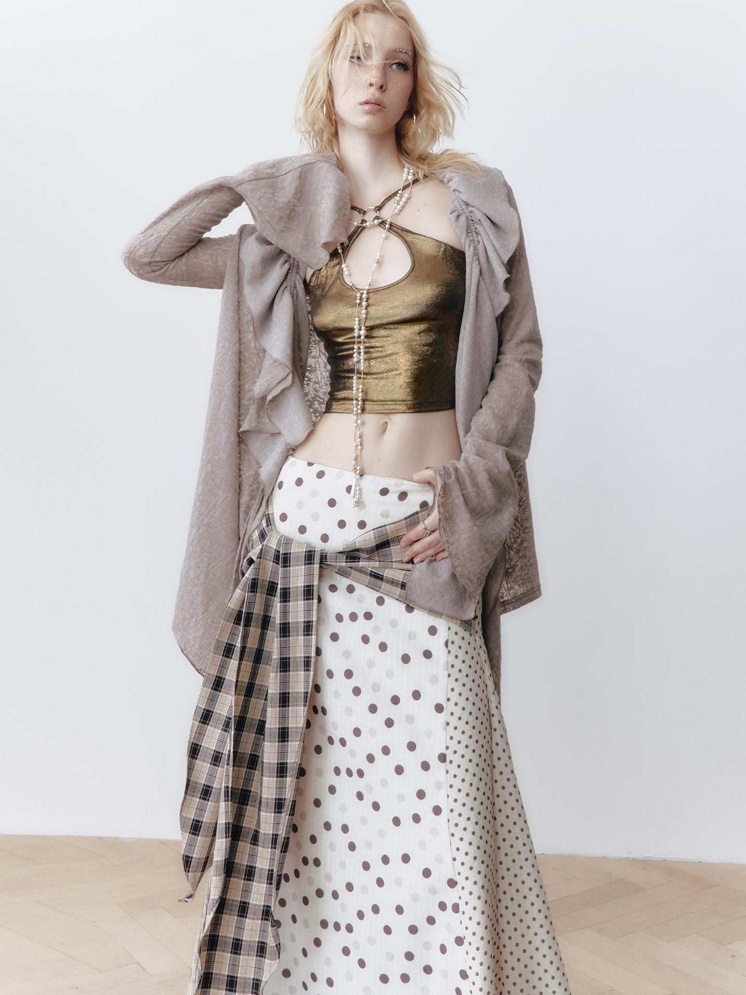 OfAkiva Layered Drawstring Lace Hem Knit Cardigan Sweater