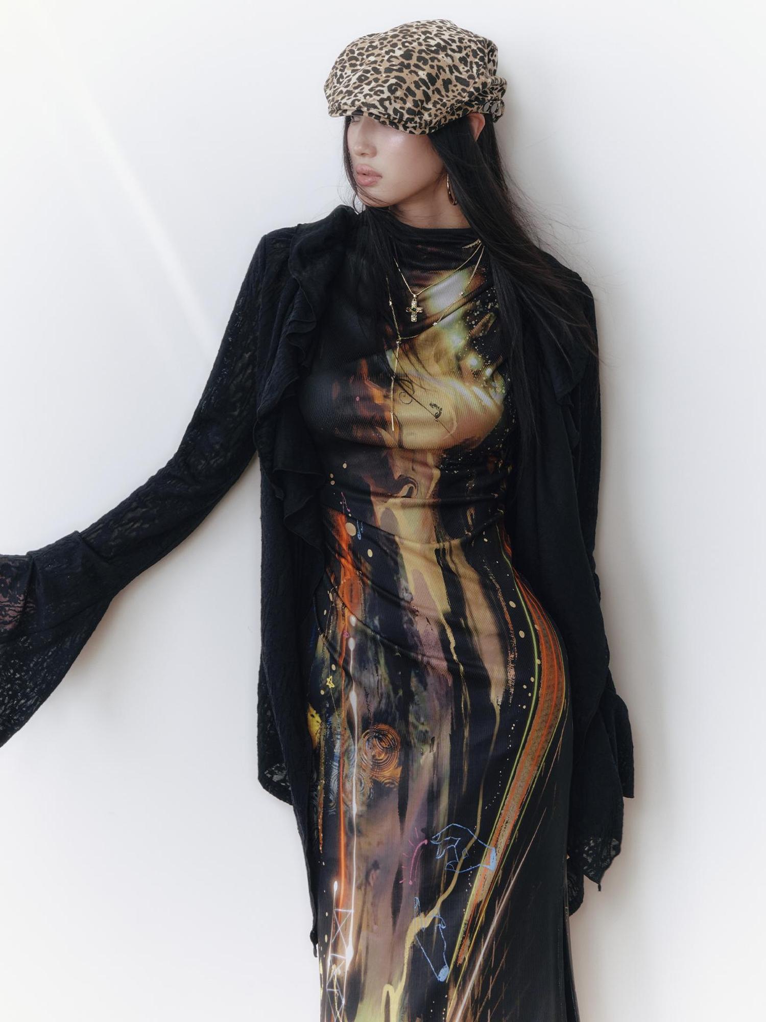 OfAkiva Layered Drawstring Lace Hem Knit Cardigan Sweater