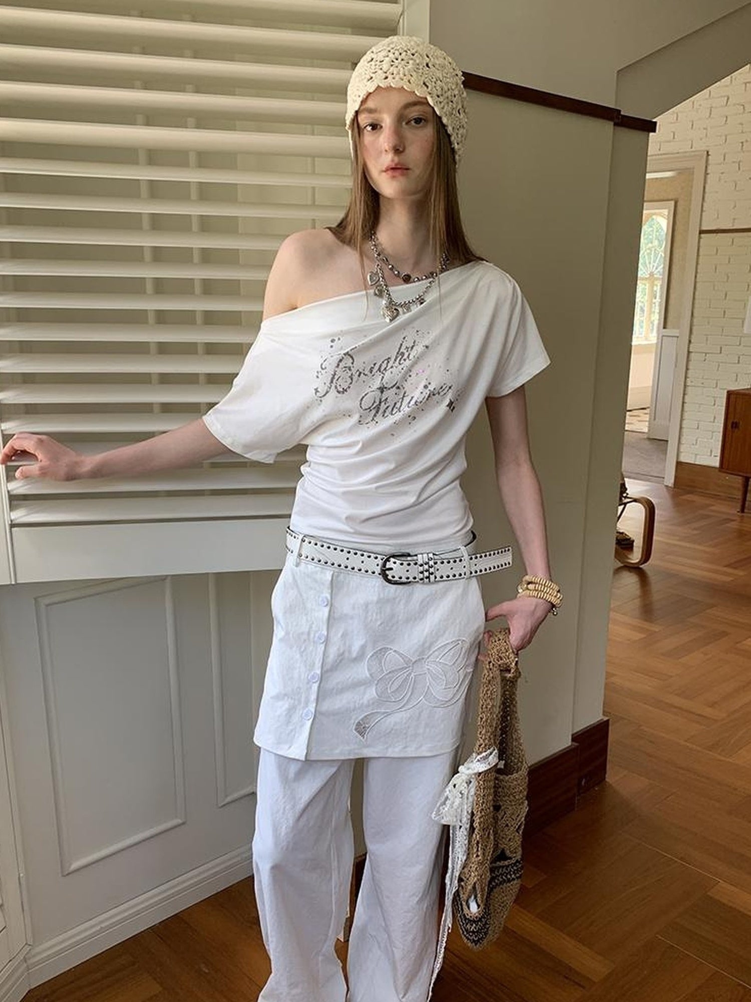 DIDDI MODA Layered Lace Bow Embroidered Wide Leg Culotte Skirt