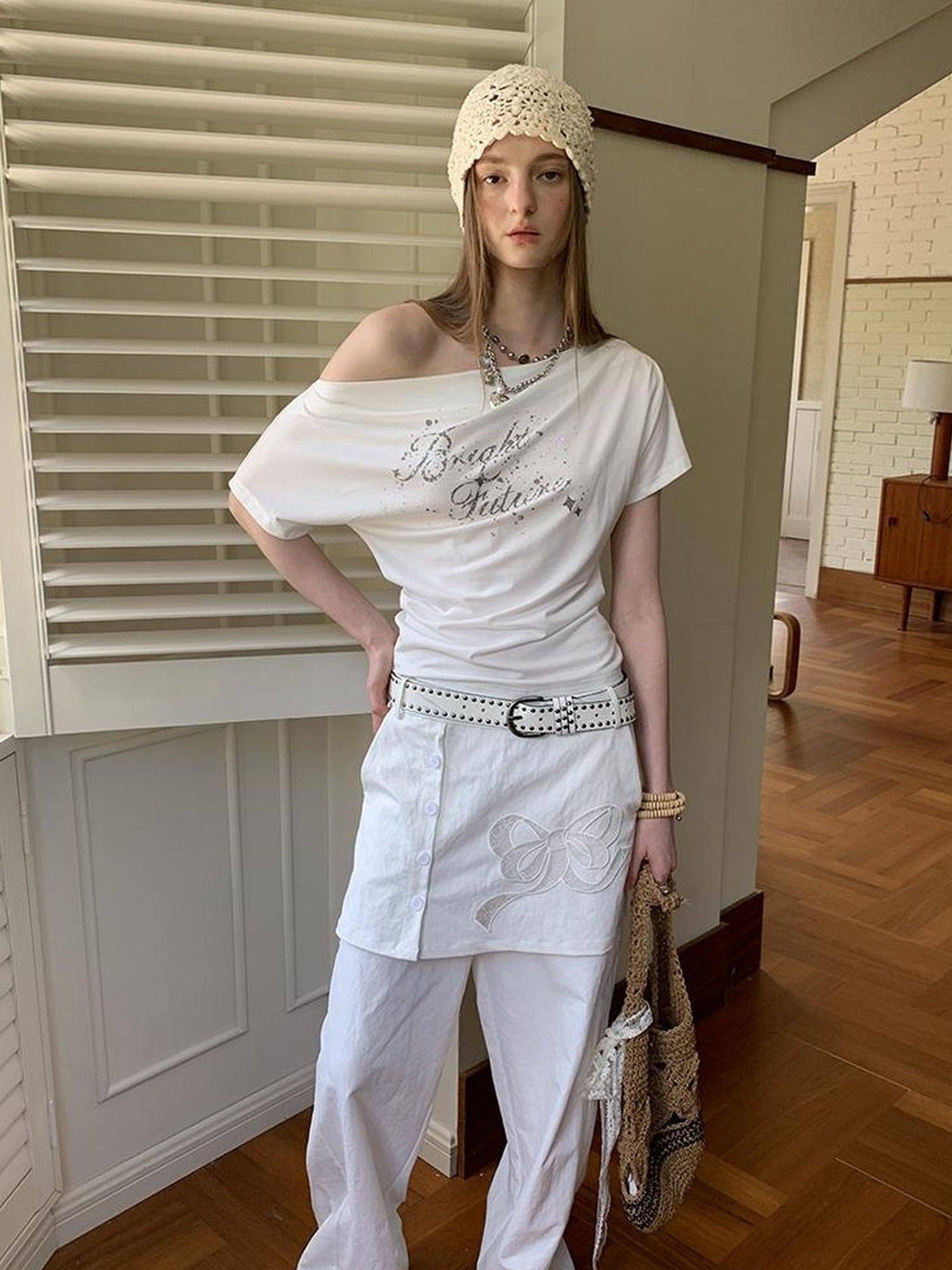 DIDDI MODA Layered Lace Bow Embroidered Wide Leg Culotte Skirt