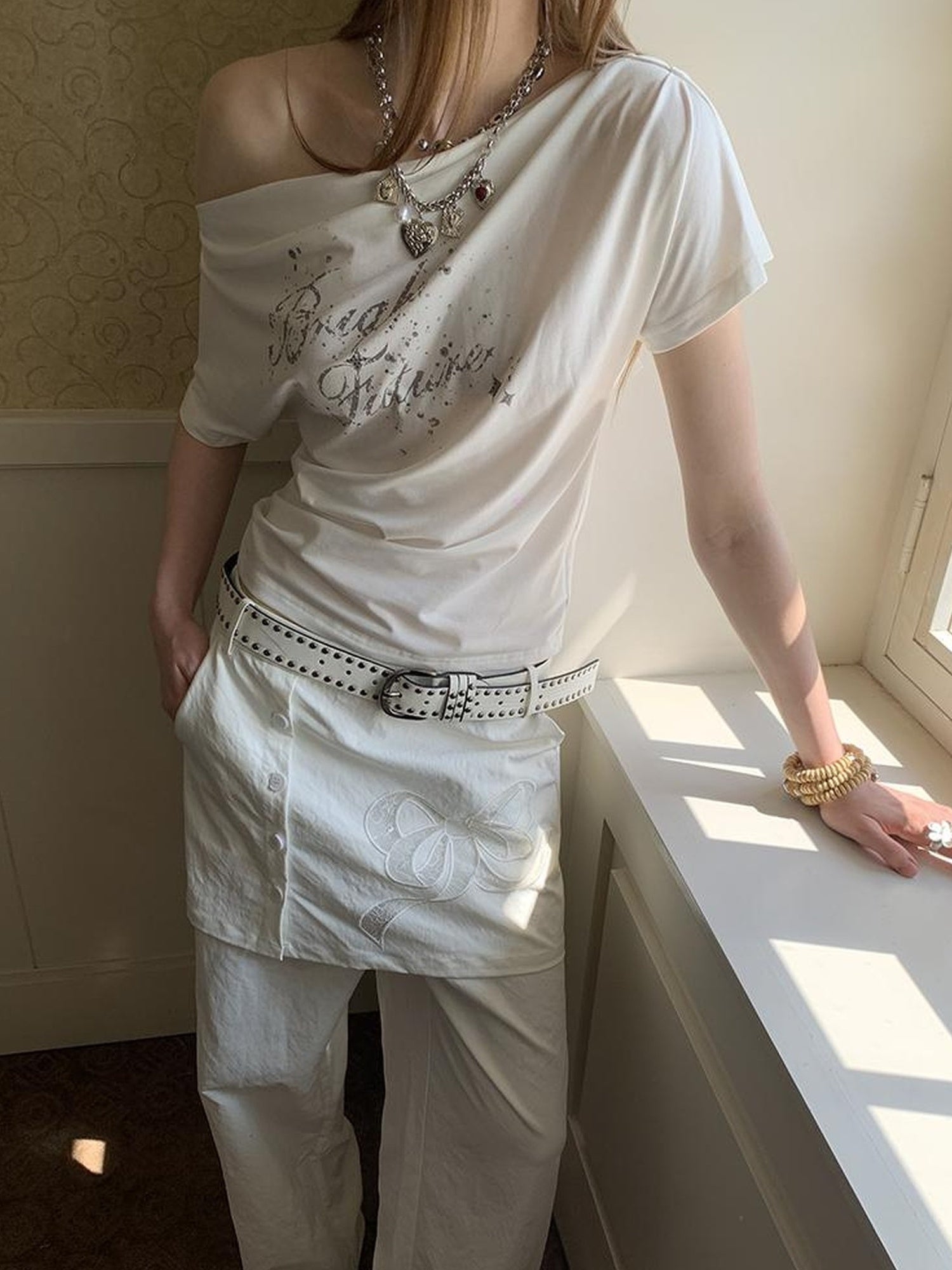 DIDDI MODA Layered Lace Bow Embroidered Wide Leg Culotte Skirt