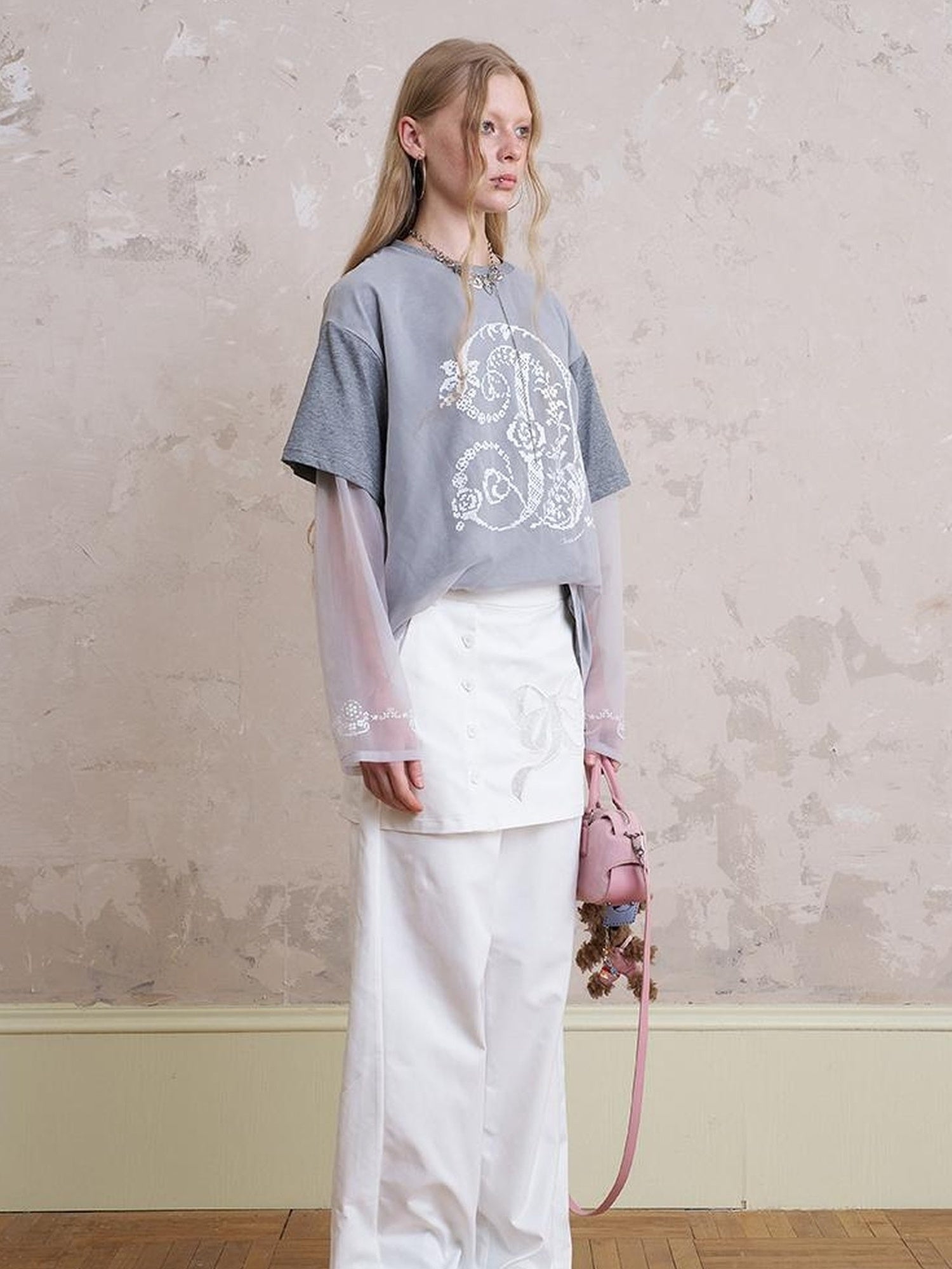 DIDDI MODA Layered Lace Bow Embroidered Wide Leg Culotte Skirt