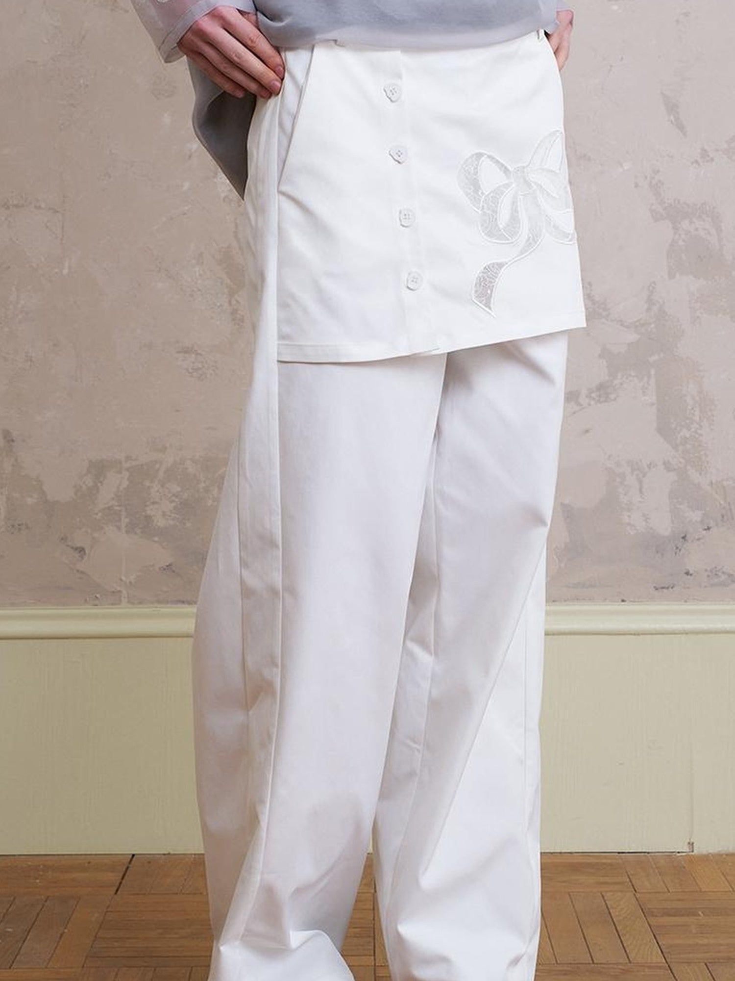 DIDDI MODA Layered Lace Bow Embroidered Wide Leg Culotte Skirt