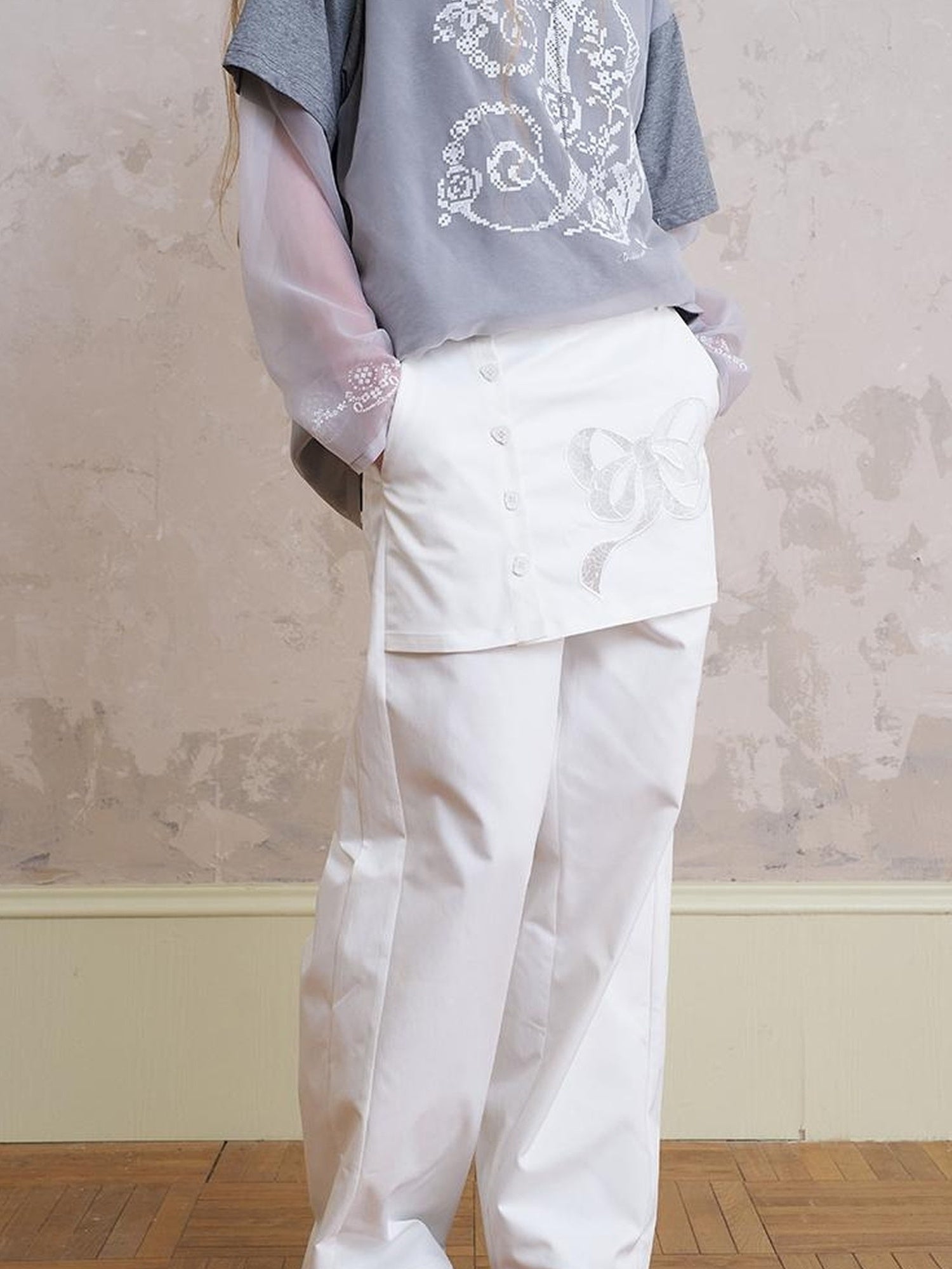 DIDDI MODA Layered Lace Bow Embroidered Wide Leg Culotte Skirt