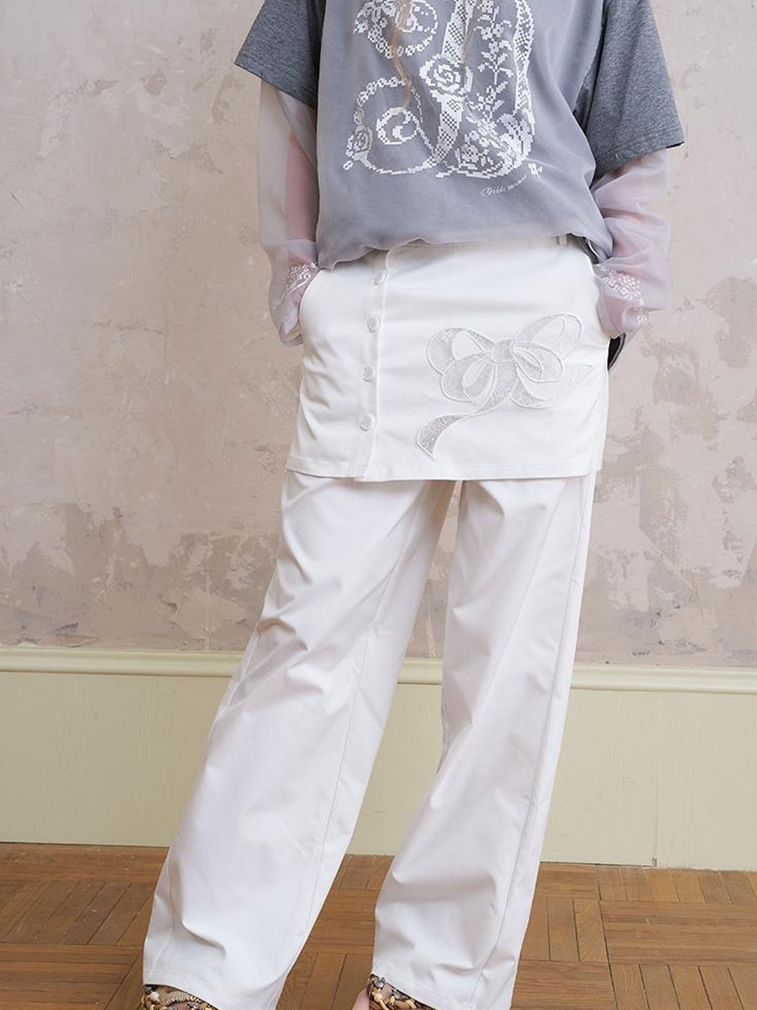 DIDDI MODA Layered Lace Bow Embroidered Wide Leg Culotte Skirt