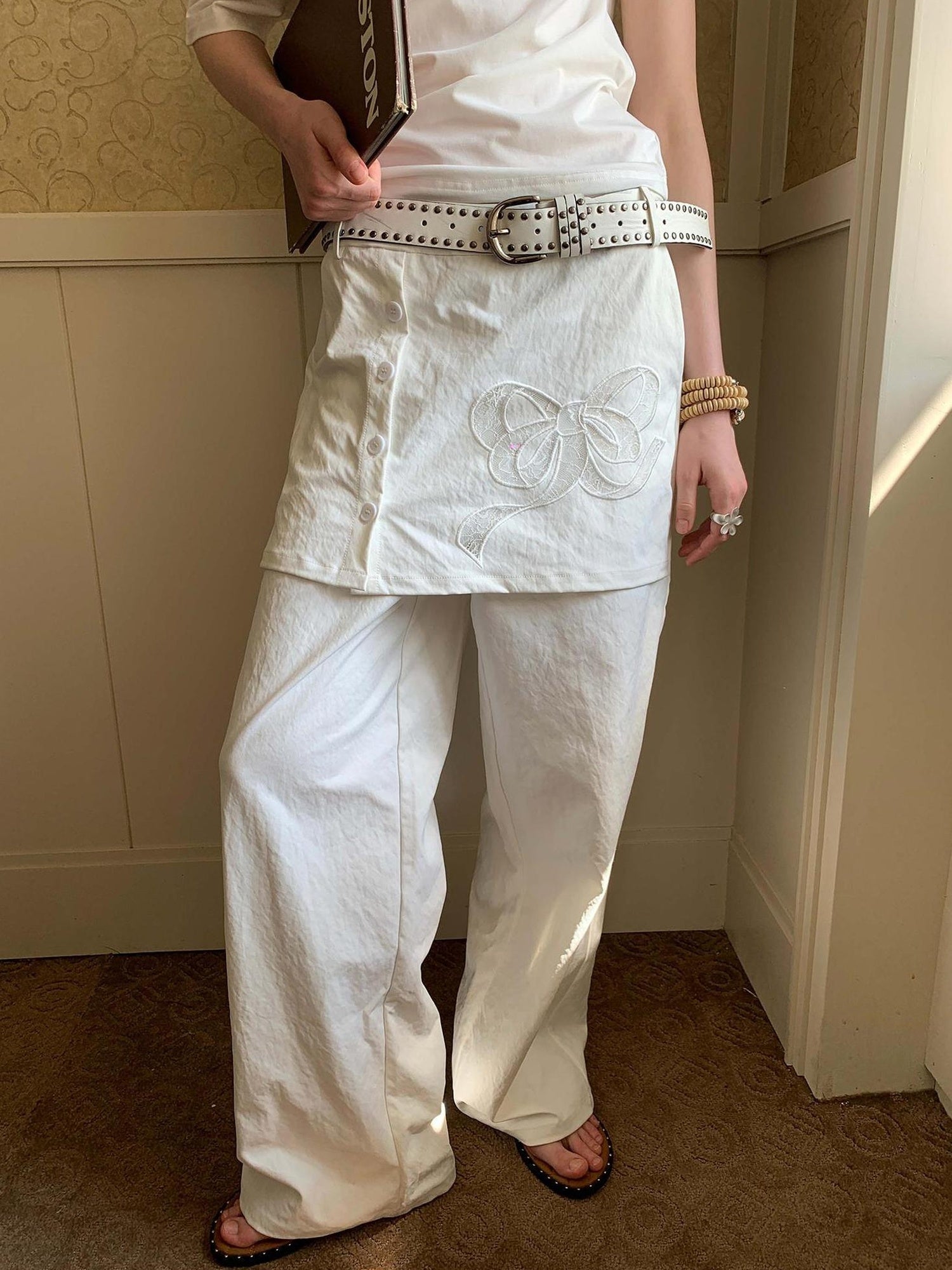 DIDDI MODA Layered Lace Bow Embroidered Wide Leg Culotte Skirt