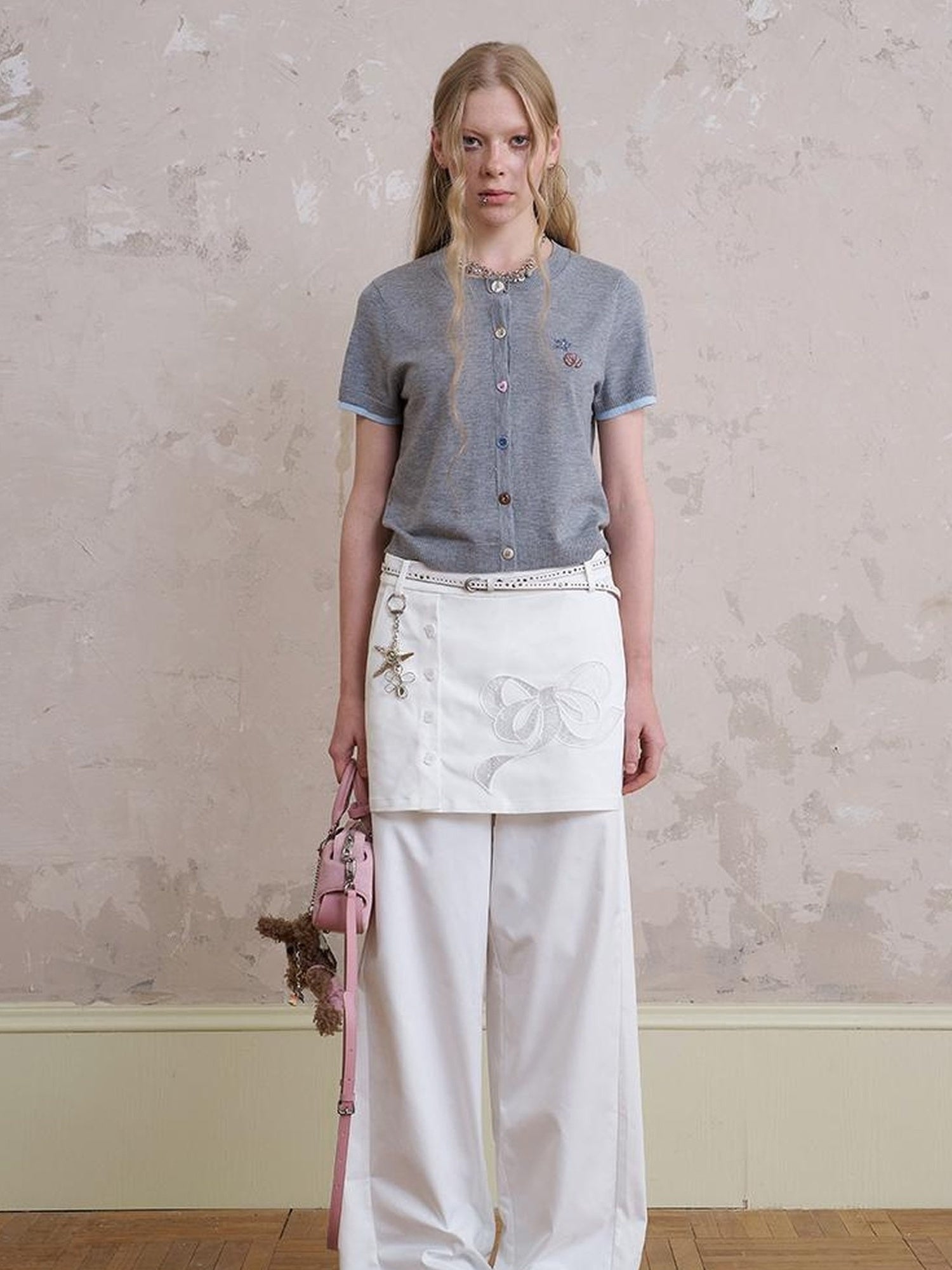 DIDDI MODA Layered Lace Bow Embroidered Wide Leg Culotte Skirt