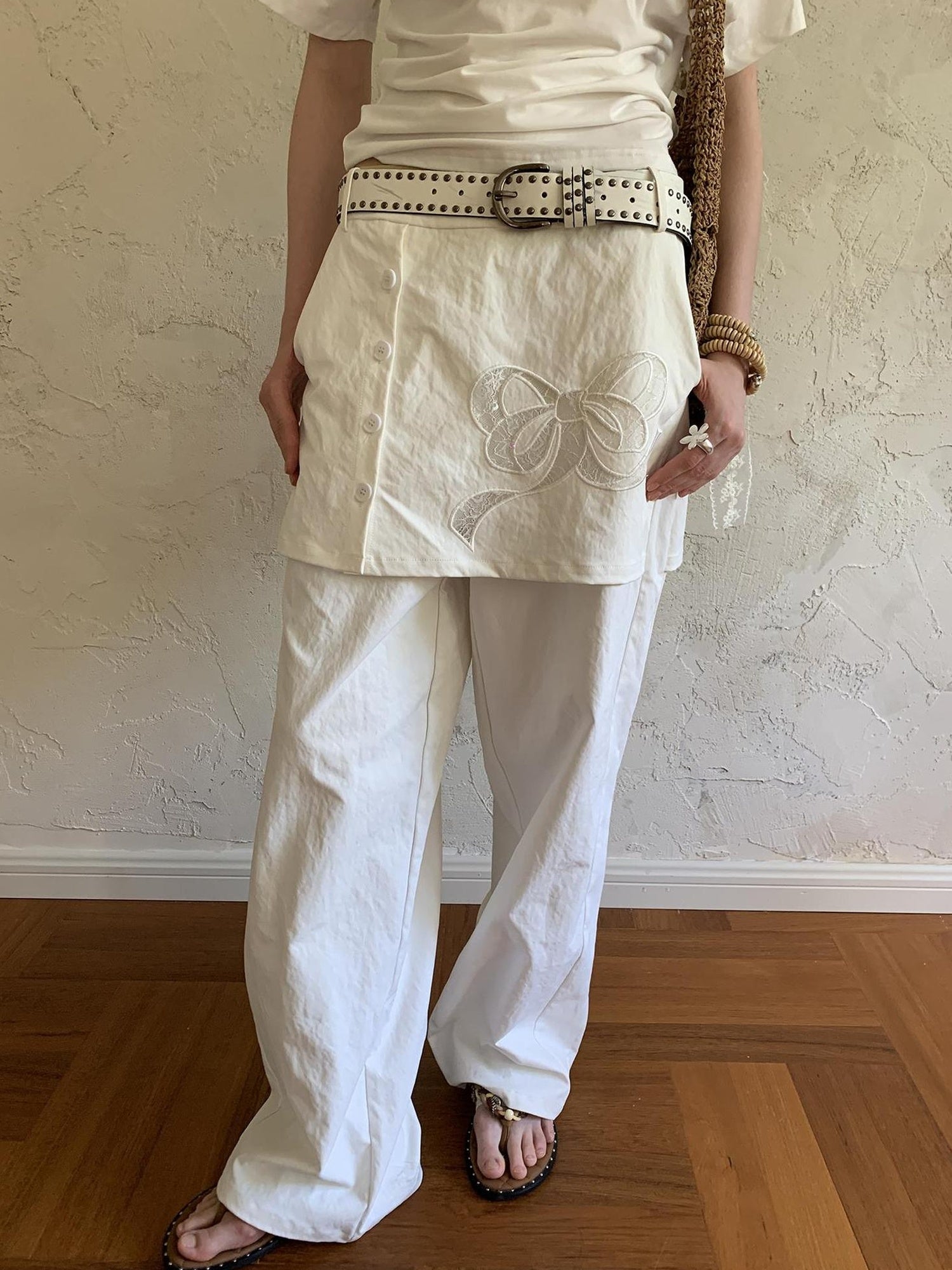 DIDDI MODA Layered Lace Bow Embroidered Wide Leg Culotte Skirt