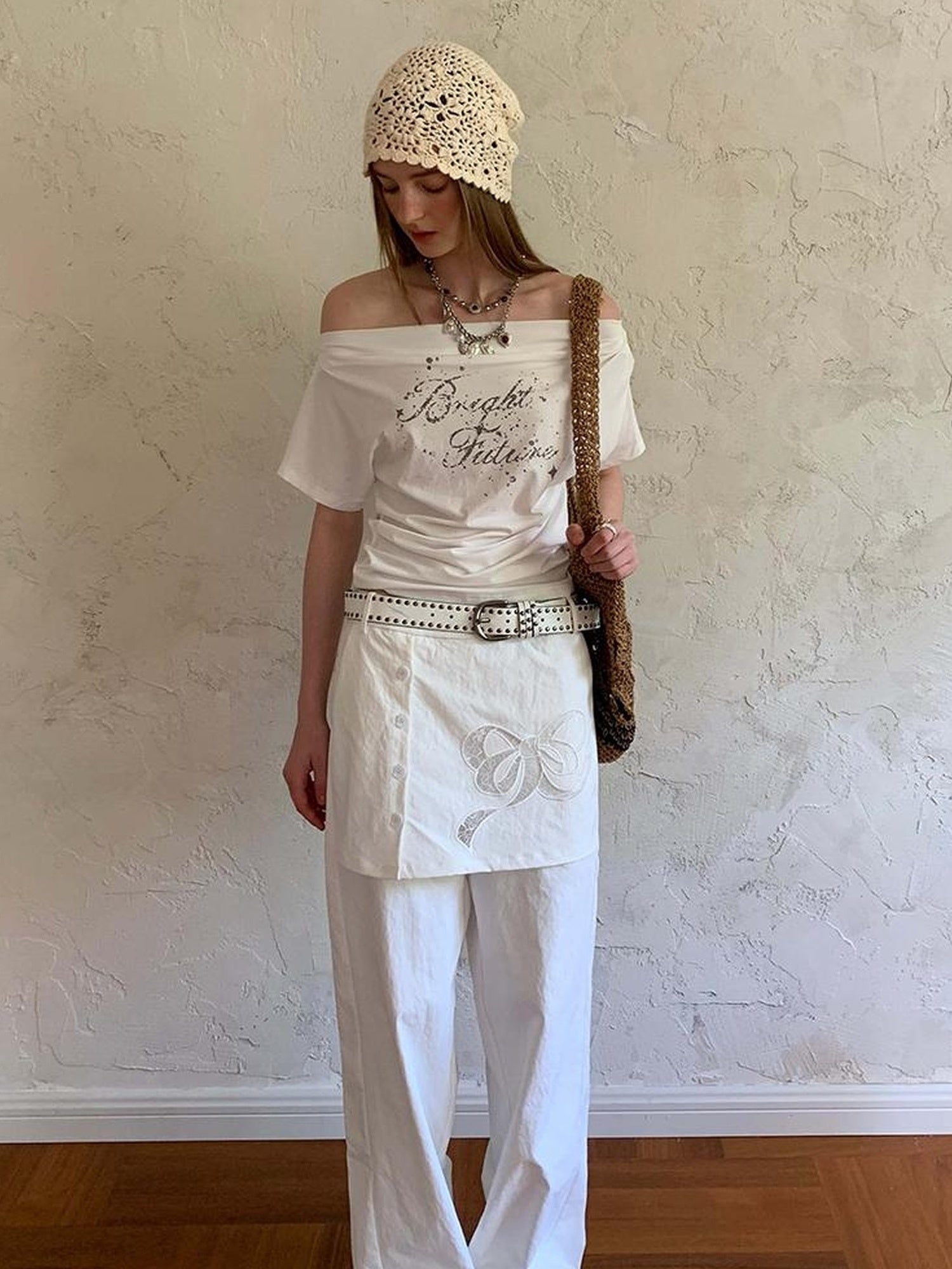 DIDDI MODA Layered Lace Bow Embroidered Wide Leg Culotte Skirt