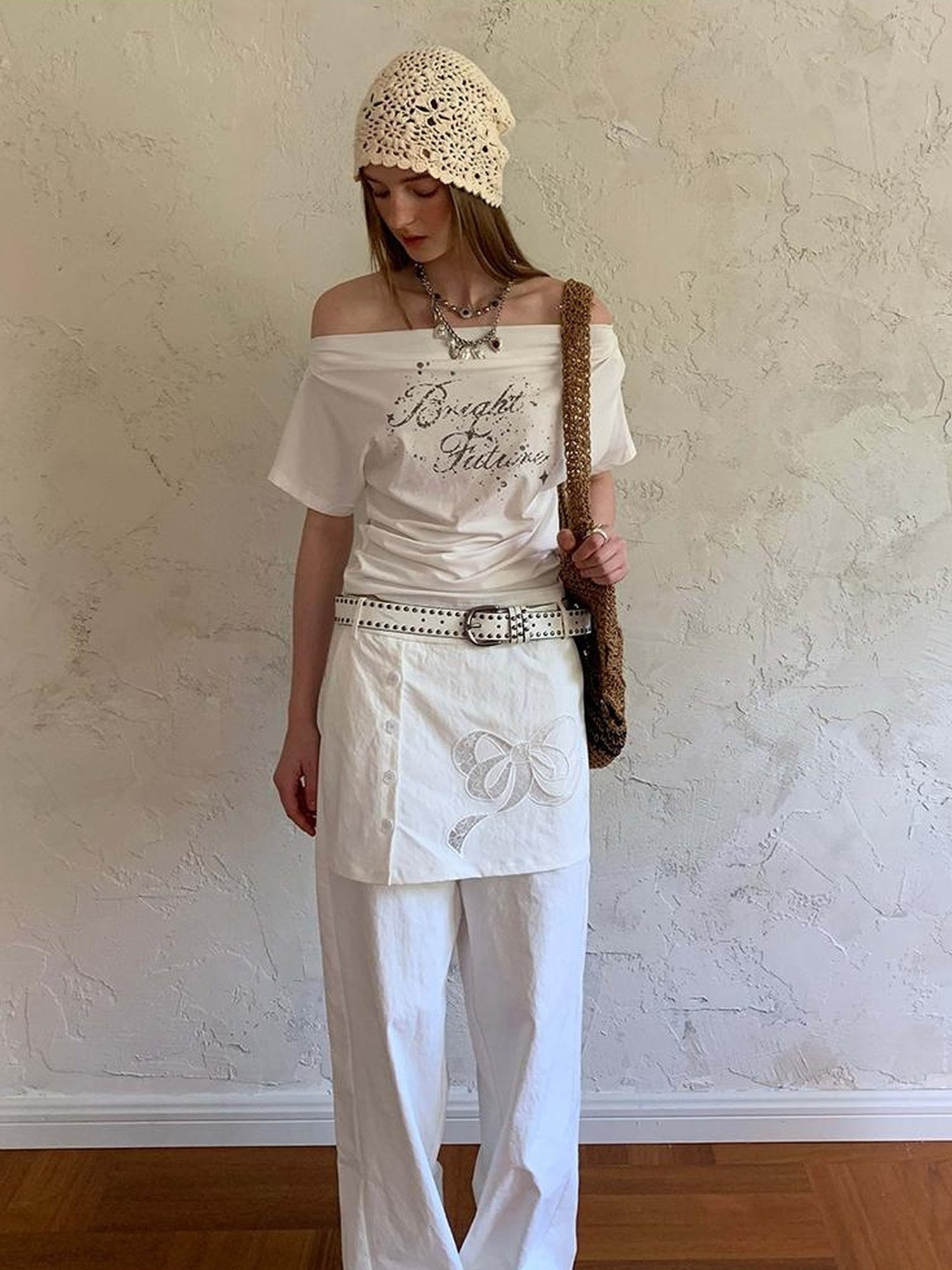 DIDDI MODA Layered Lace Bow Embroidered Wide Leg Culotte Skirt