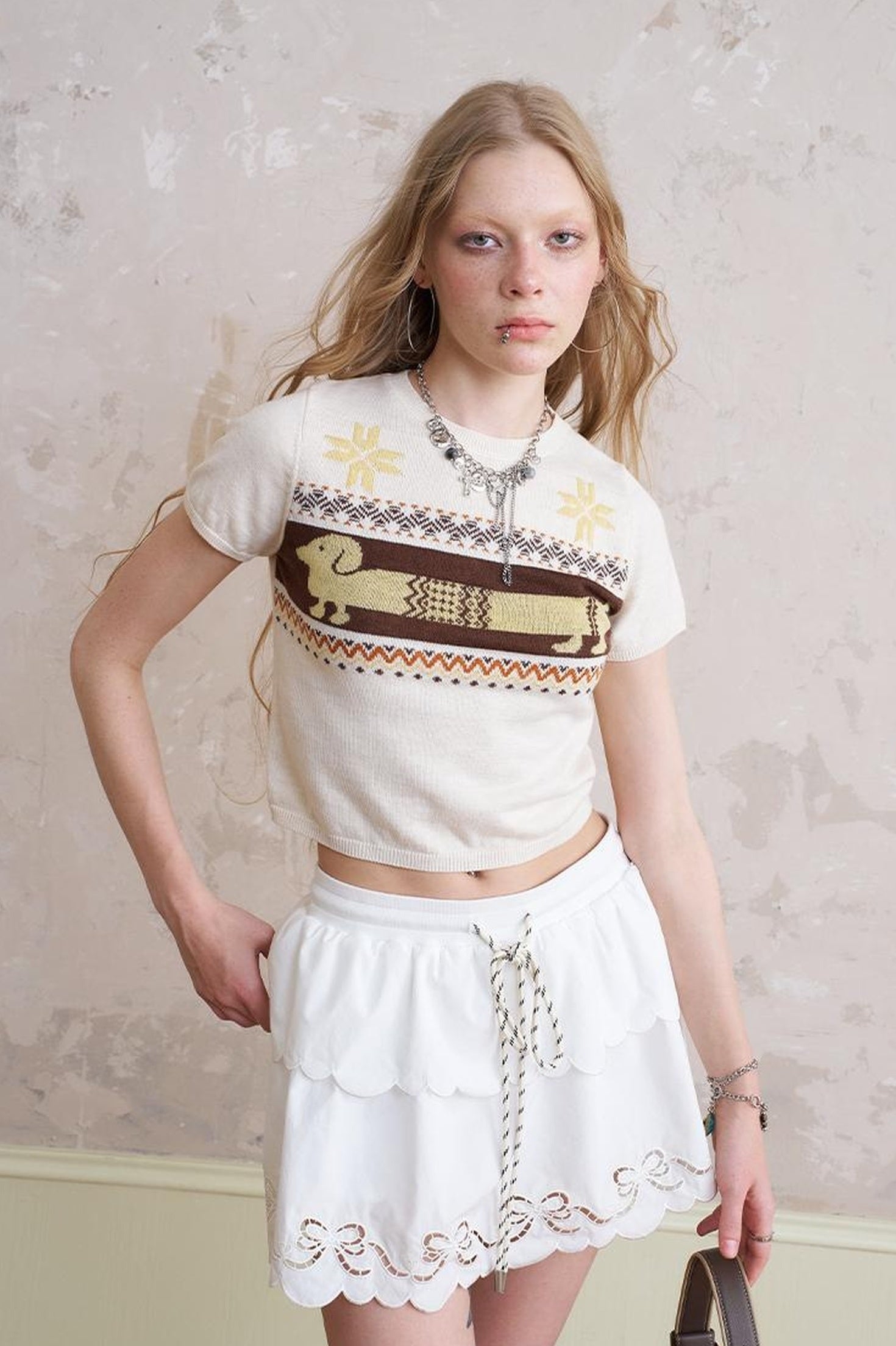 DIDDI MODA Layered Lace Bow Trimmed Hollow Out Cotton Midi Skirt