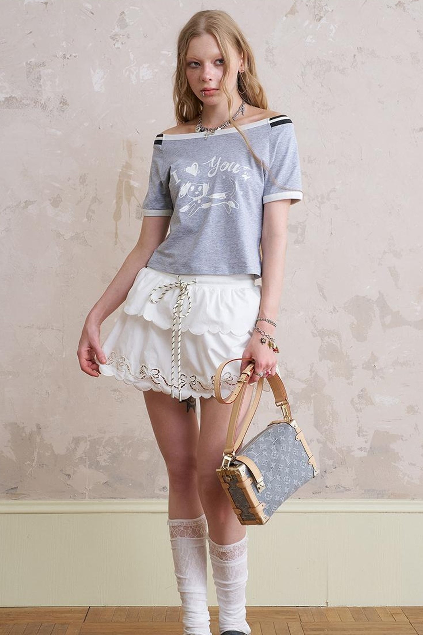 DIDDI MODA Layered Lace Bow Trimmed Hollow Out Cotton Midi Skirt