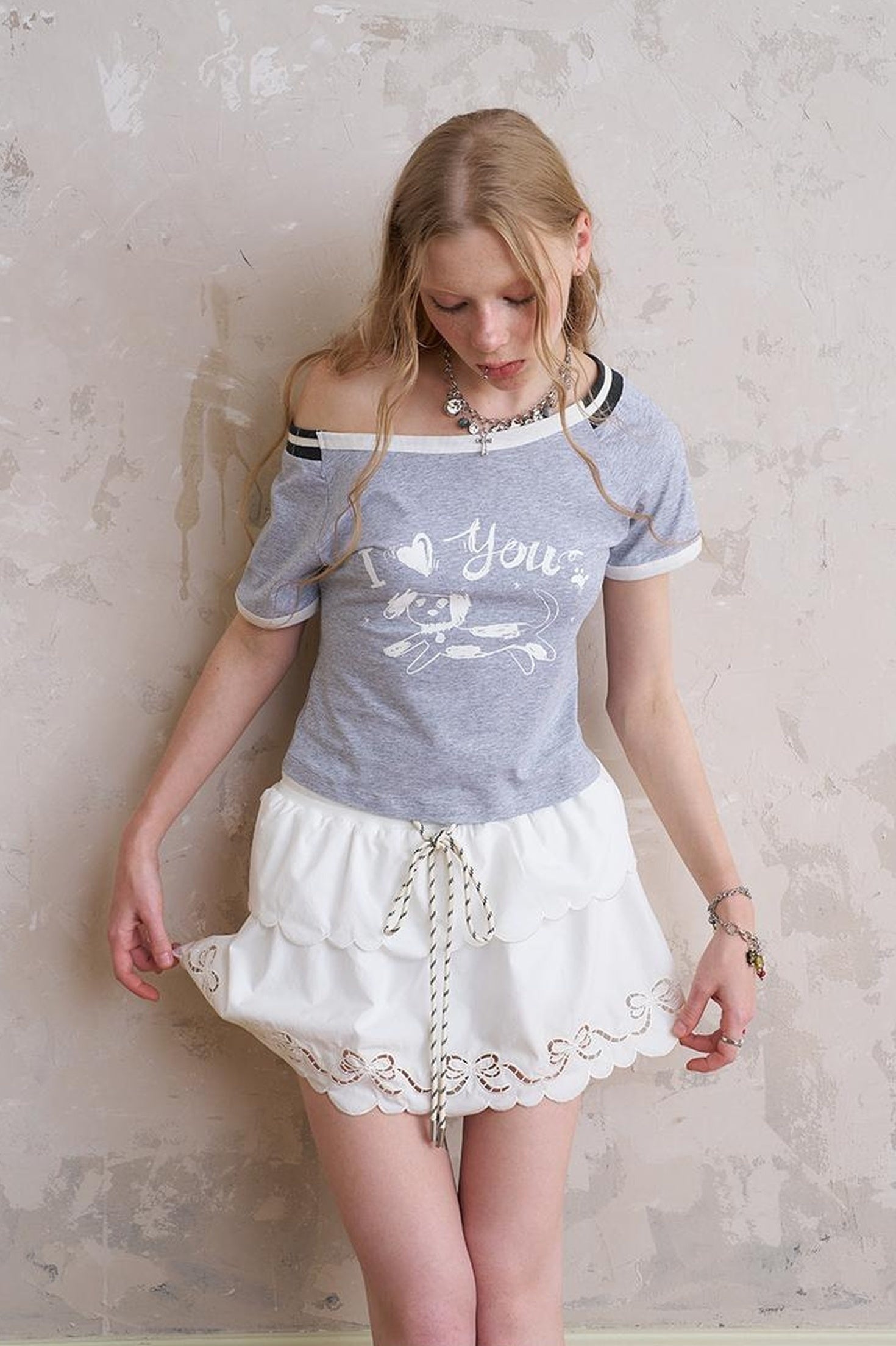 DIDDI MODA Layered Lace Bow Trimmed Hollow Out Cotton Midi Skirt