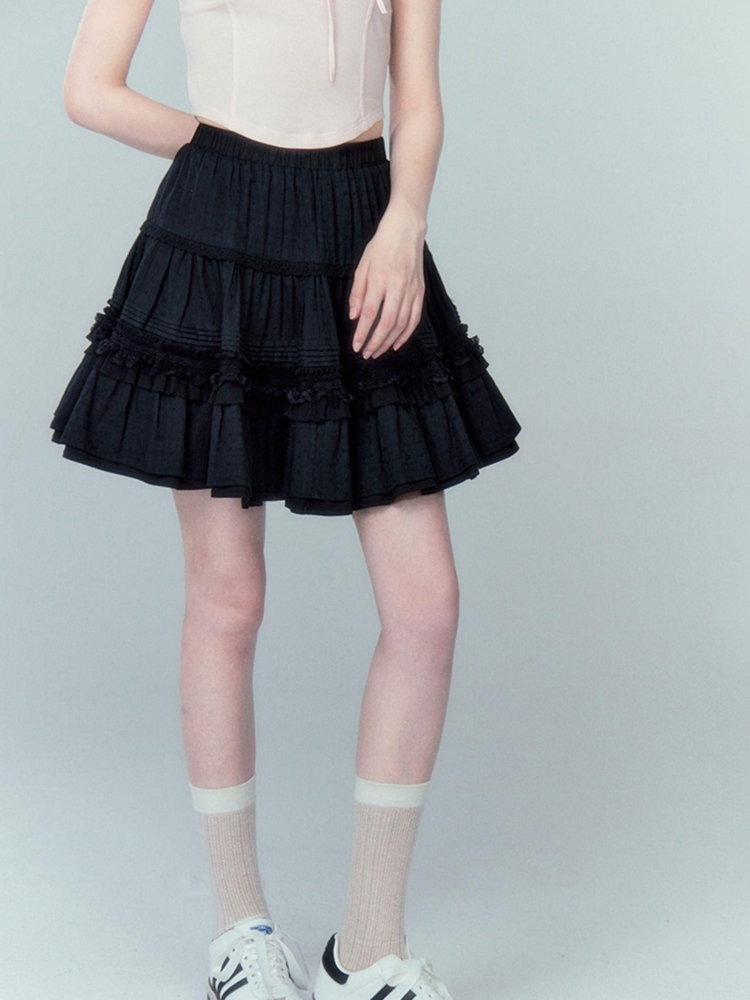 DIDDI MODA Layered Lace Cake Mini Skirt Floral Embroidery High Waist A Line