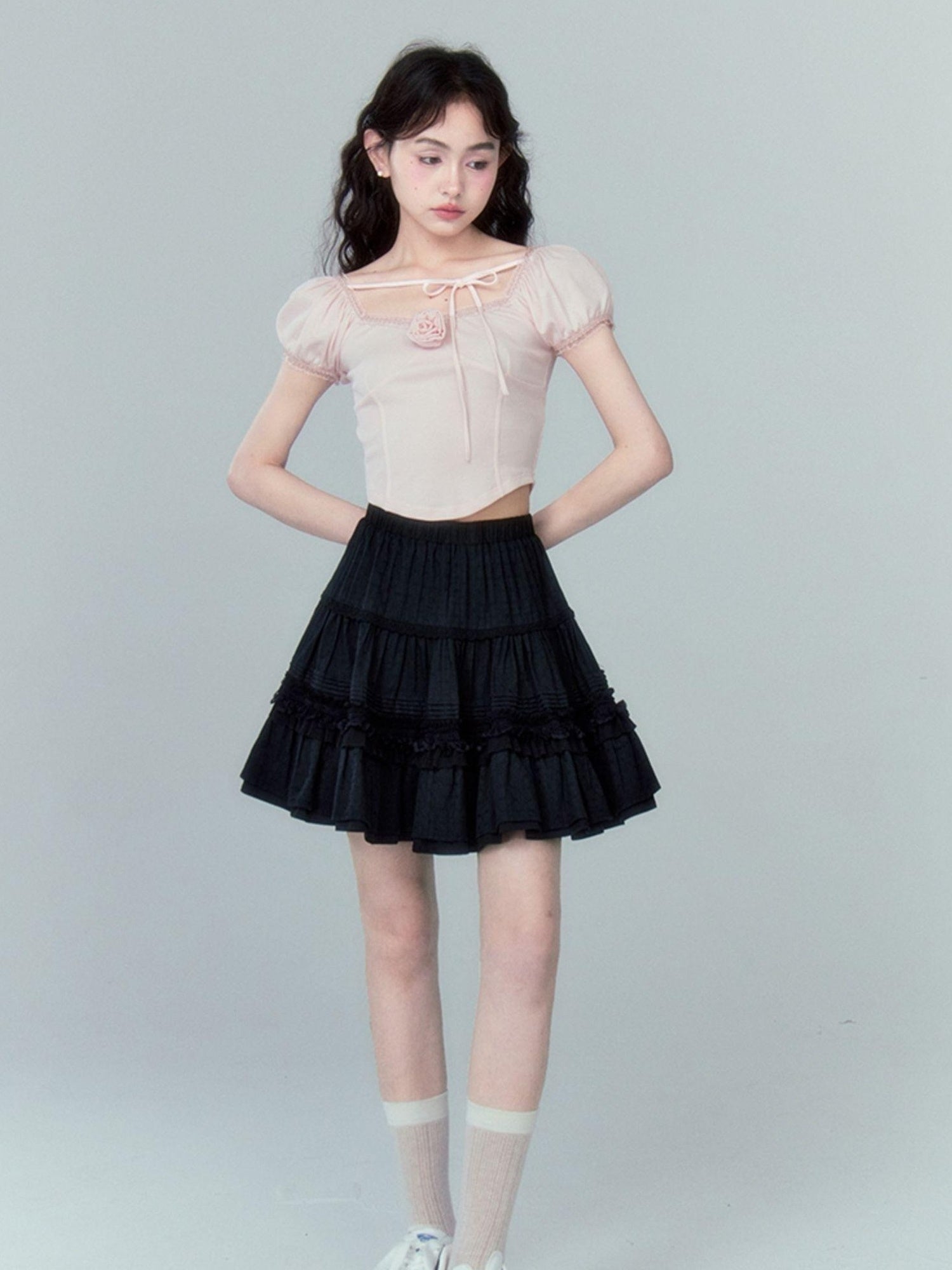 DIDDI MODA Layered Lace Cake Mini Skirt Floral Embroidery High Waist A Line