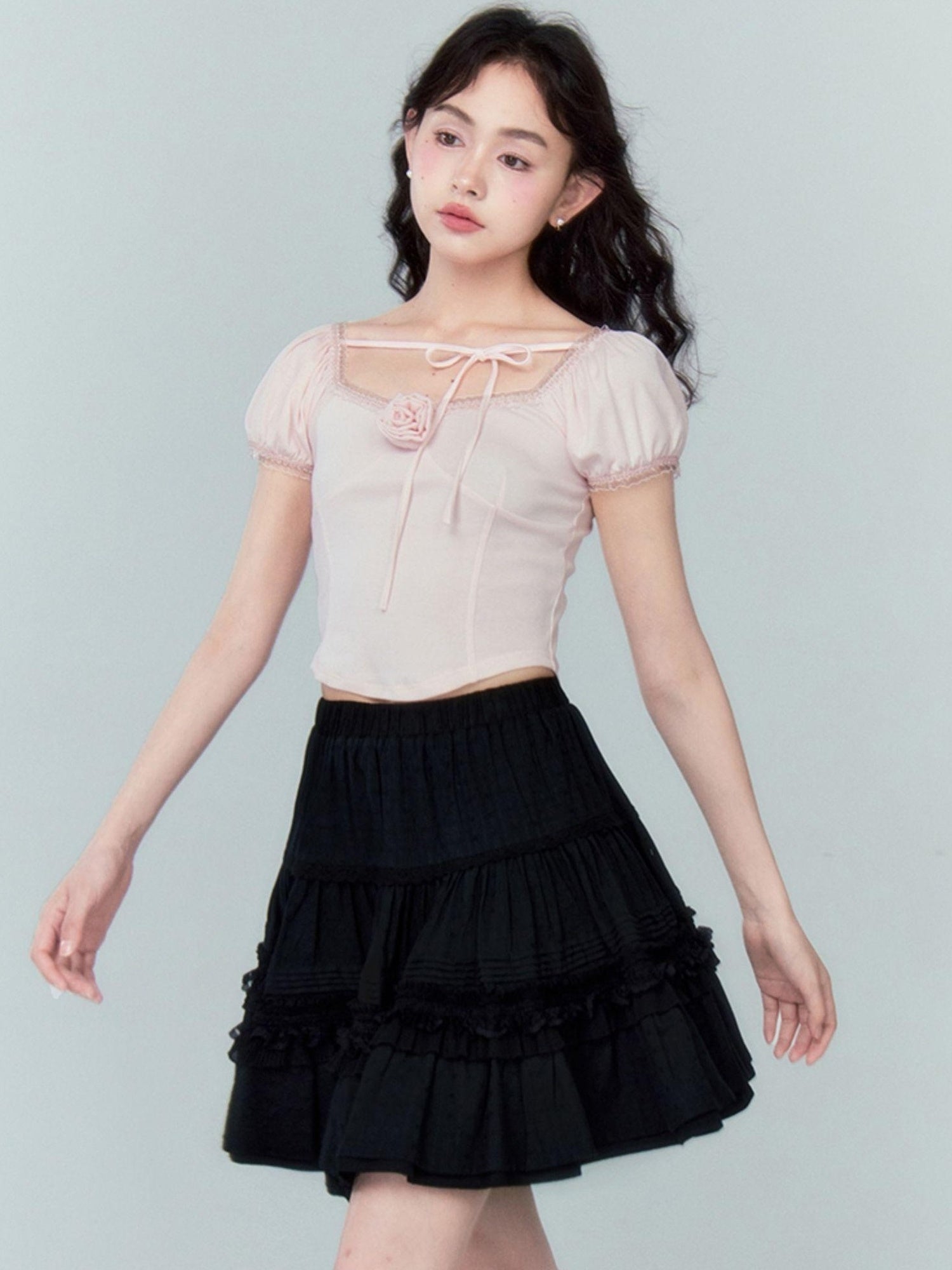DIDDI MODA Layered Lace Cake Mini Skirt Floral Embroidery High Waist A Line