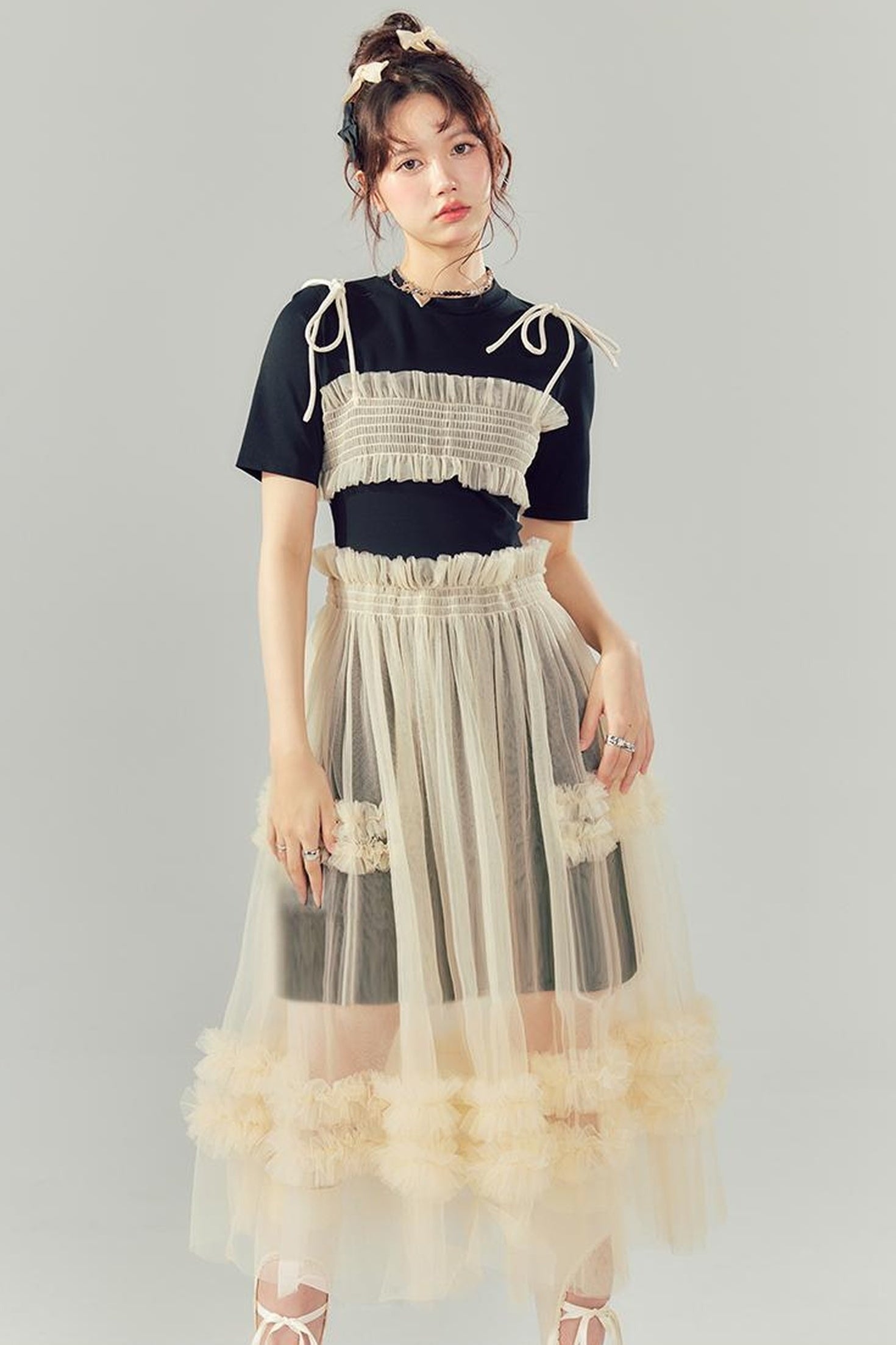 DIDDI MODA Layered Lace Mesh Ruffle Dress