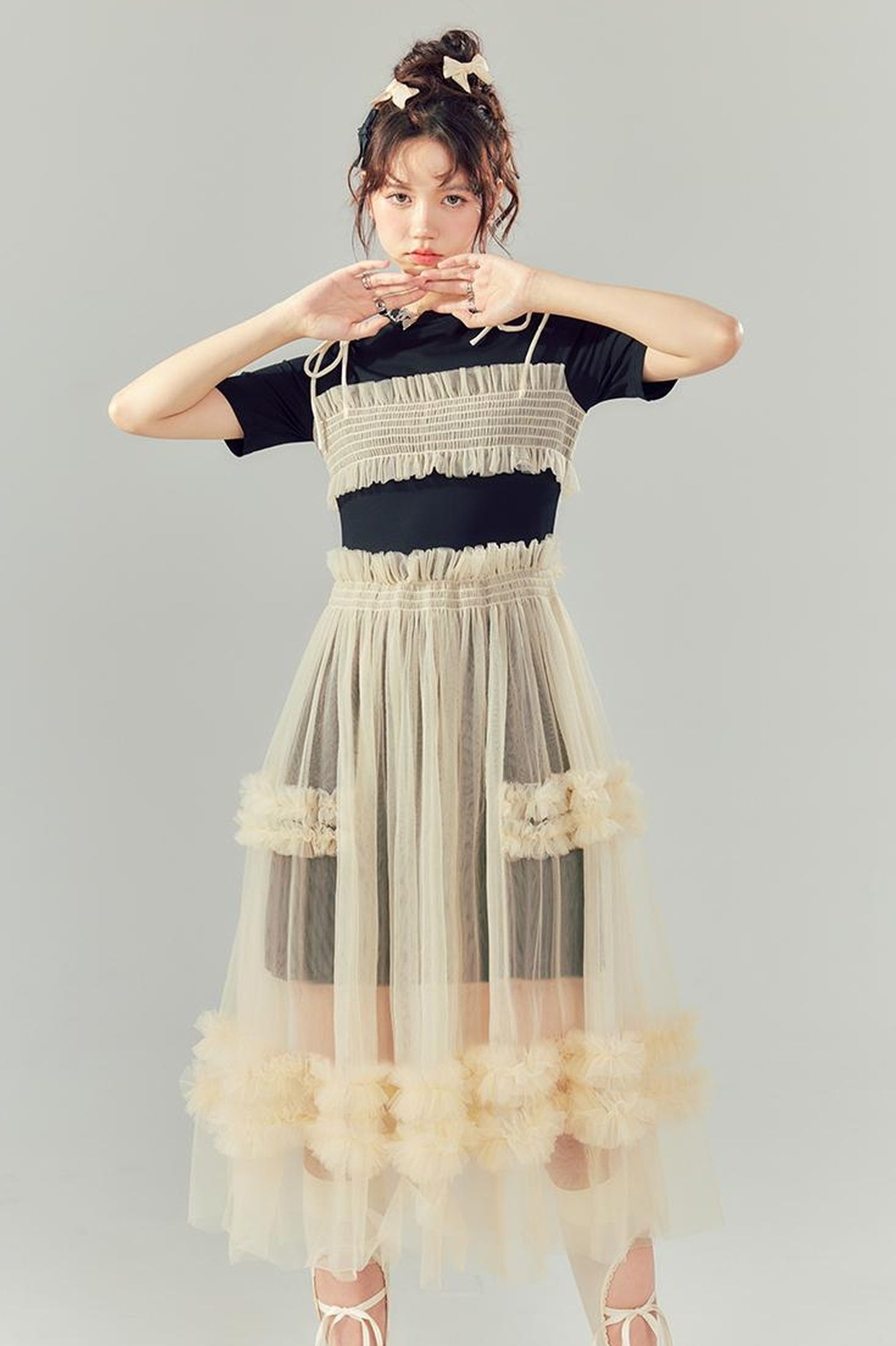 DIDDI MODA Layered Lace Mesh Ruffle Dress