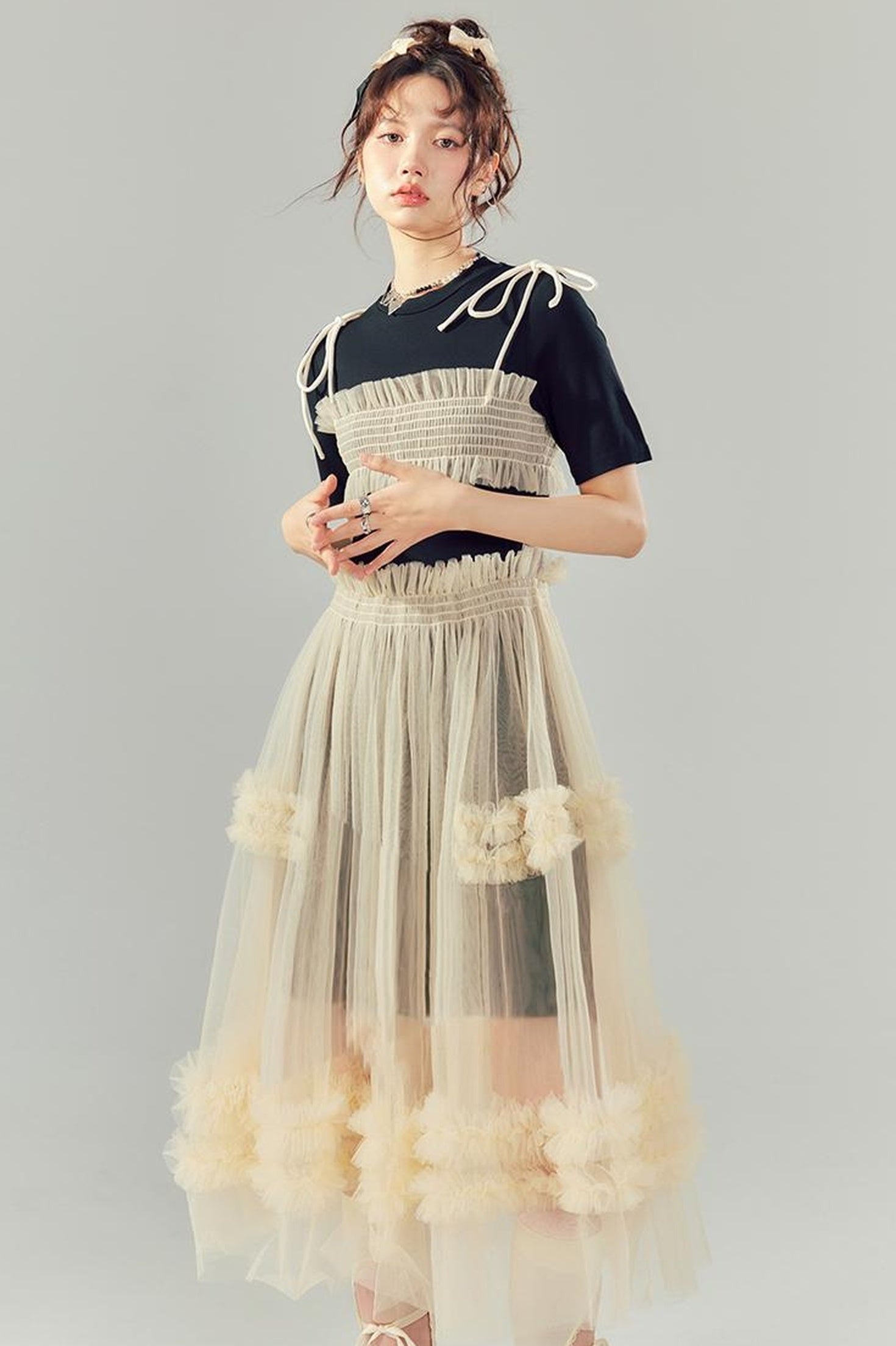 DIDDI MODA Layered Lace Mesh Ruffle Dress