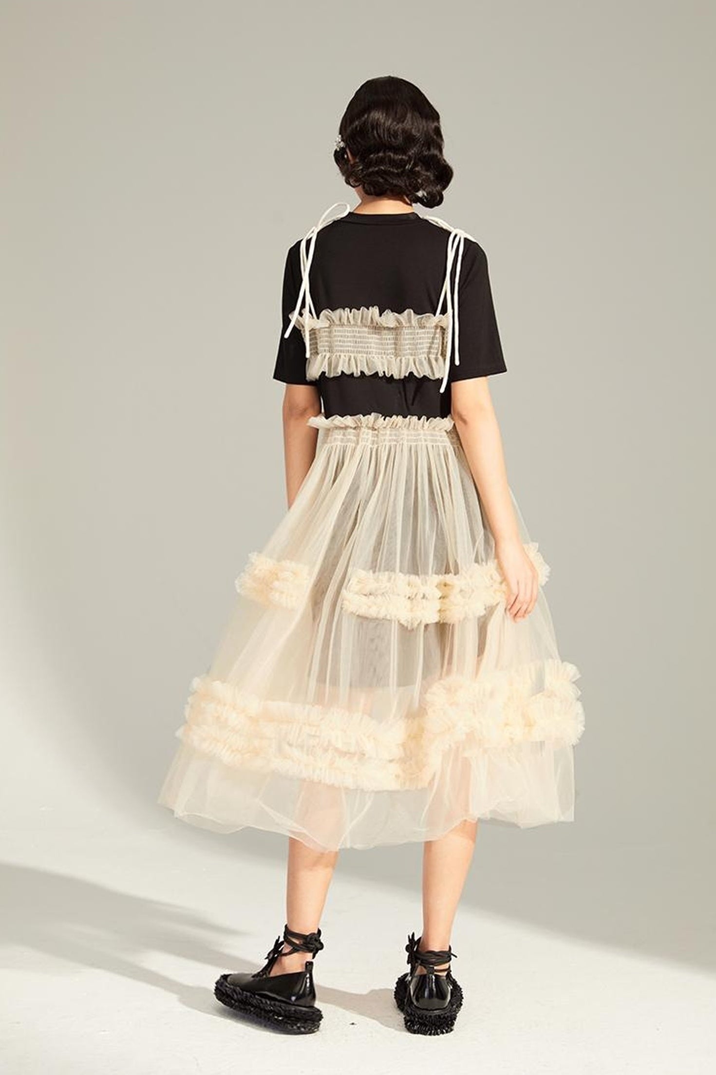 DIDDI MODA Layered Lace Mesh Ruffle Dress