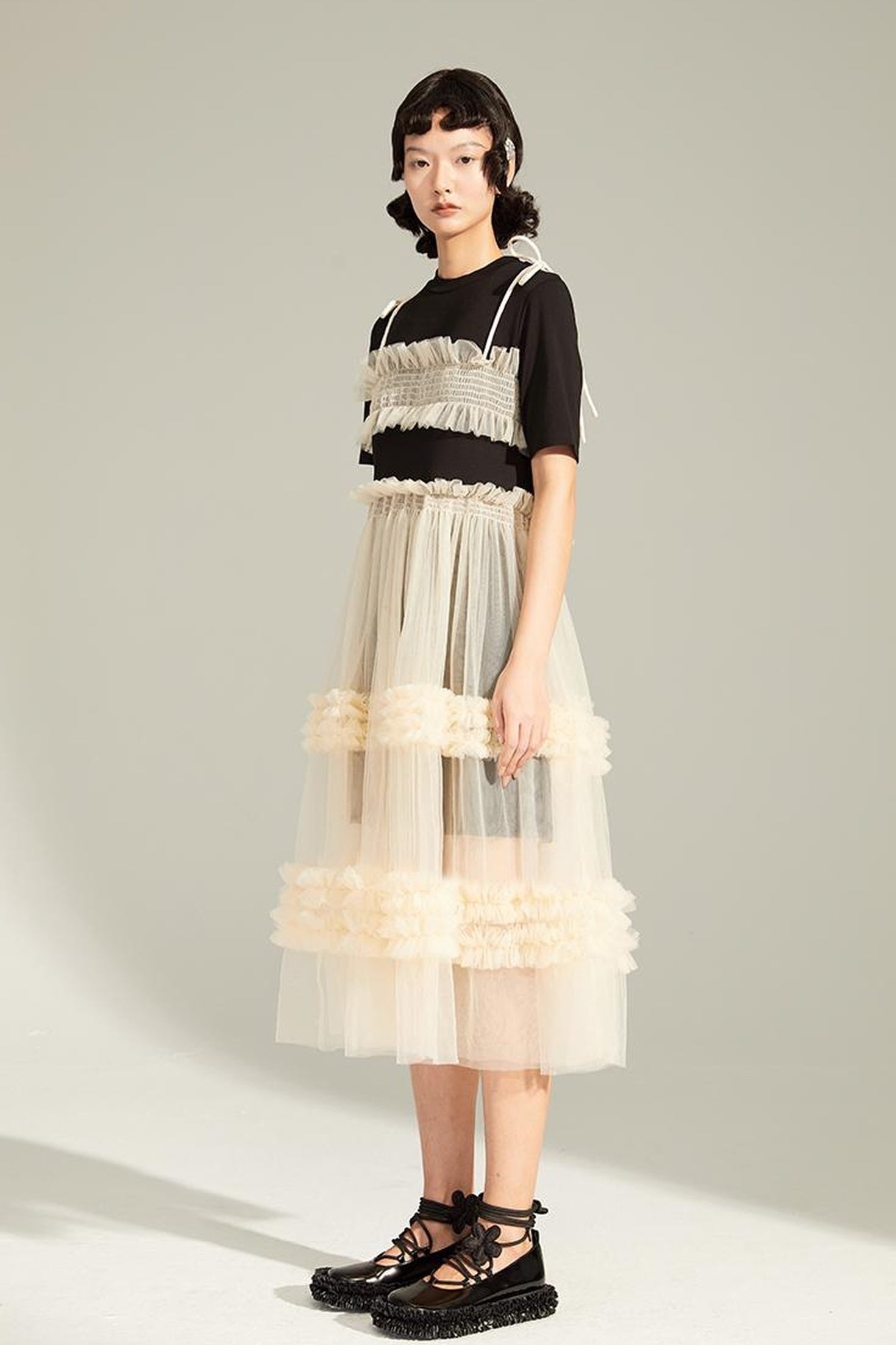 DIDDI MODA Layered Lace Mesh Ruffle Dress