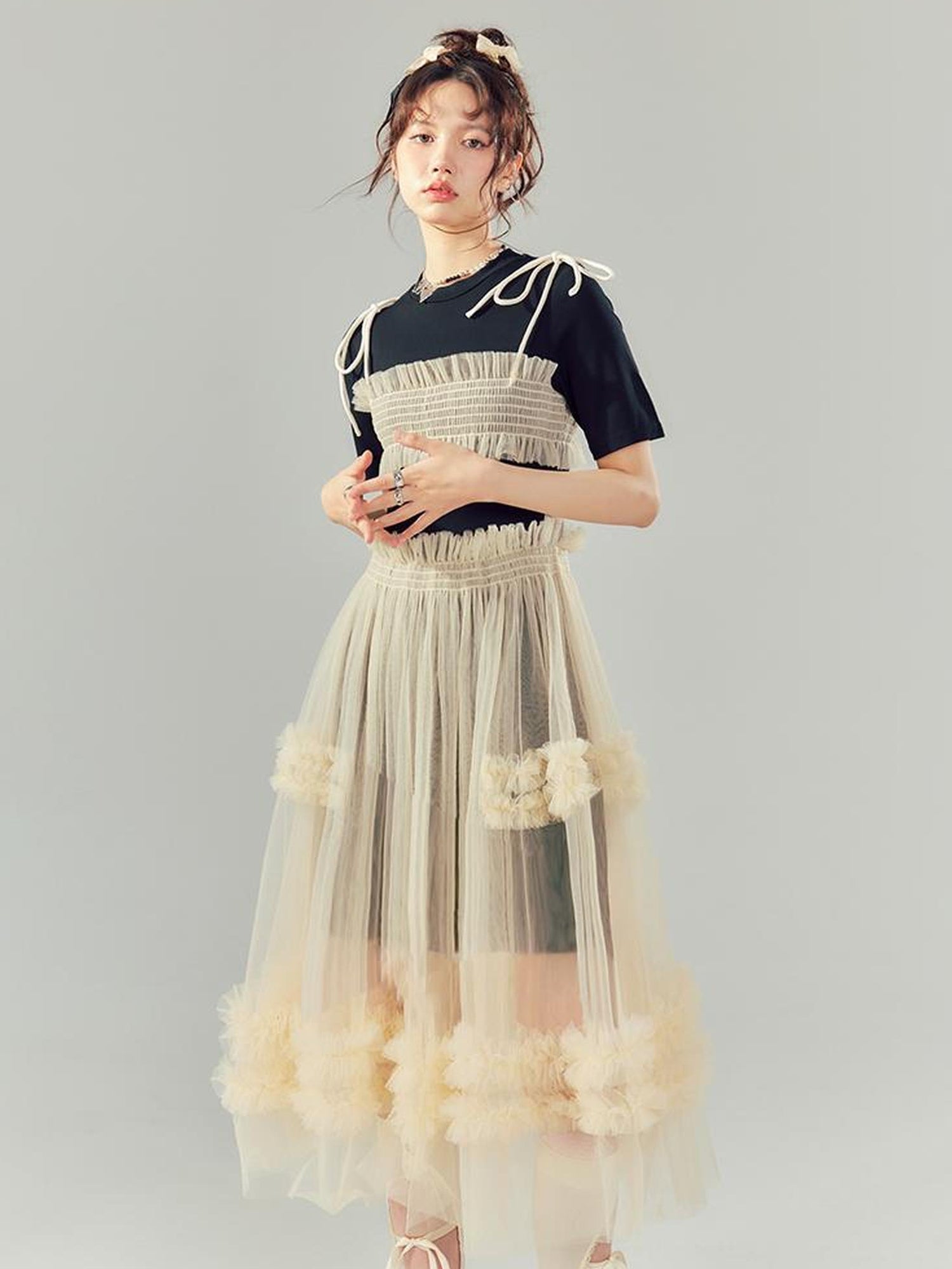 DIDDI MODA Layered Lace Mesh Ruffle Dress