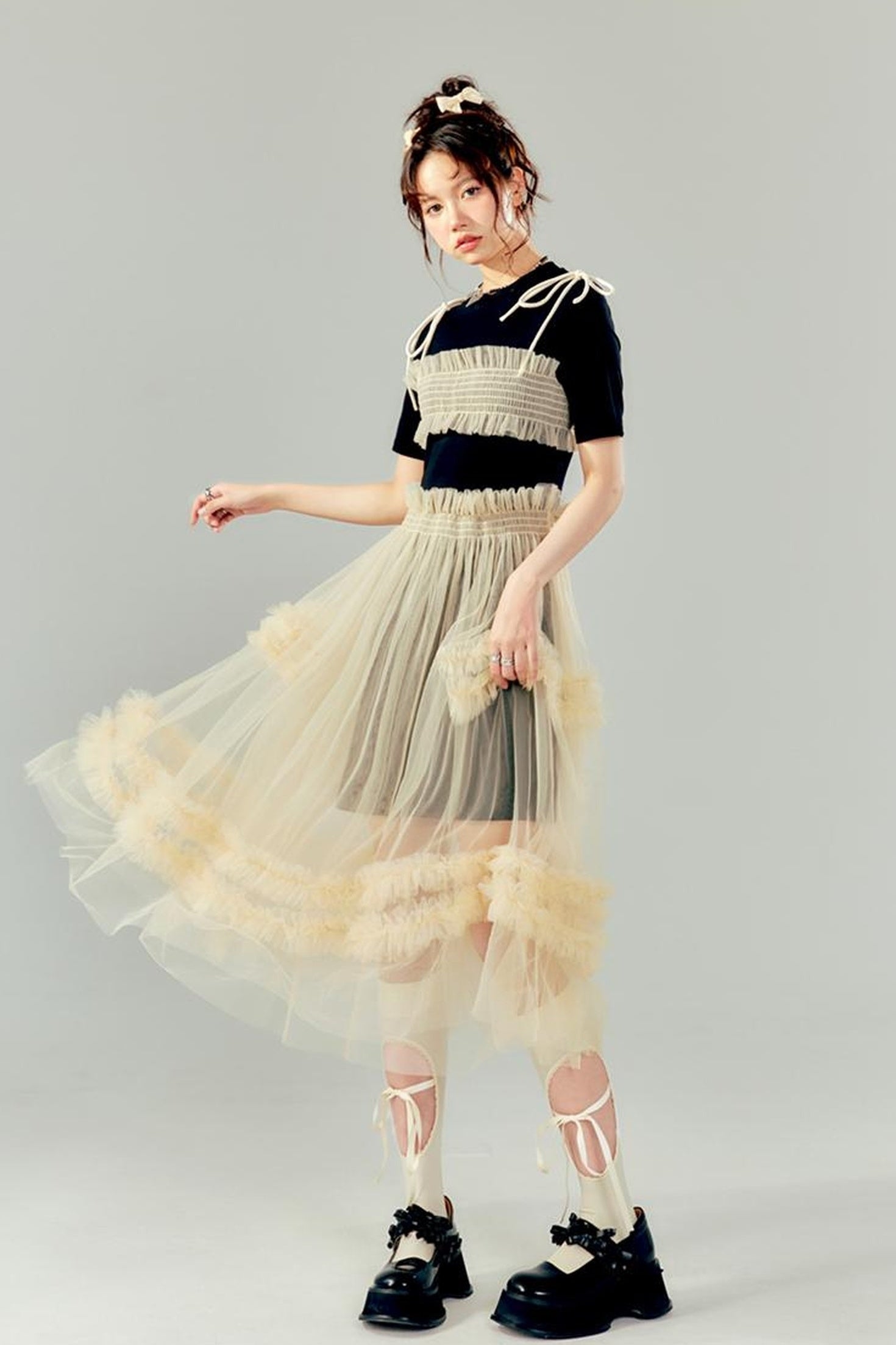 DIDDI MODA Layered Lace Mesh Ruffle Dress