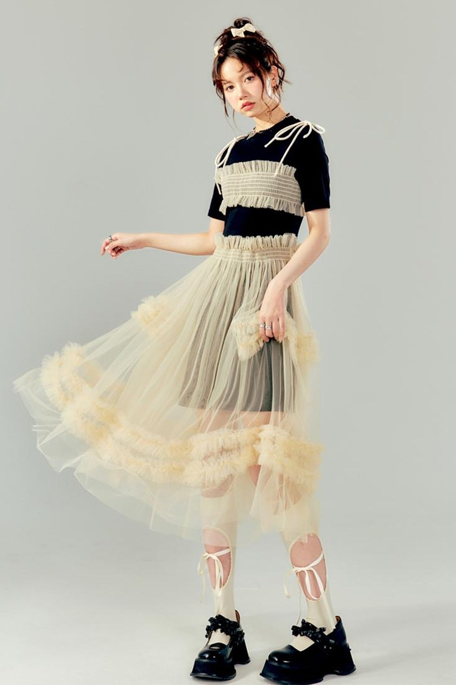 DIDDI MODA Layered Lace Mesh Ruffle Dress