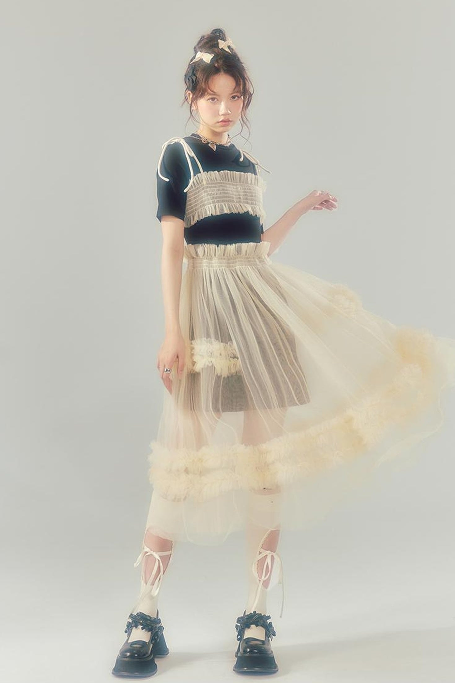 DIDDI MODA Layered Lace Mesh Ruffle Dress