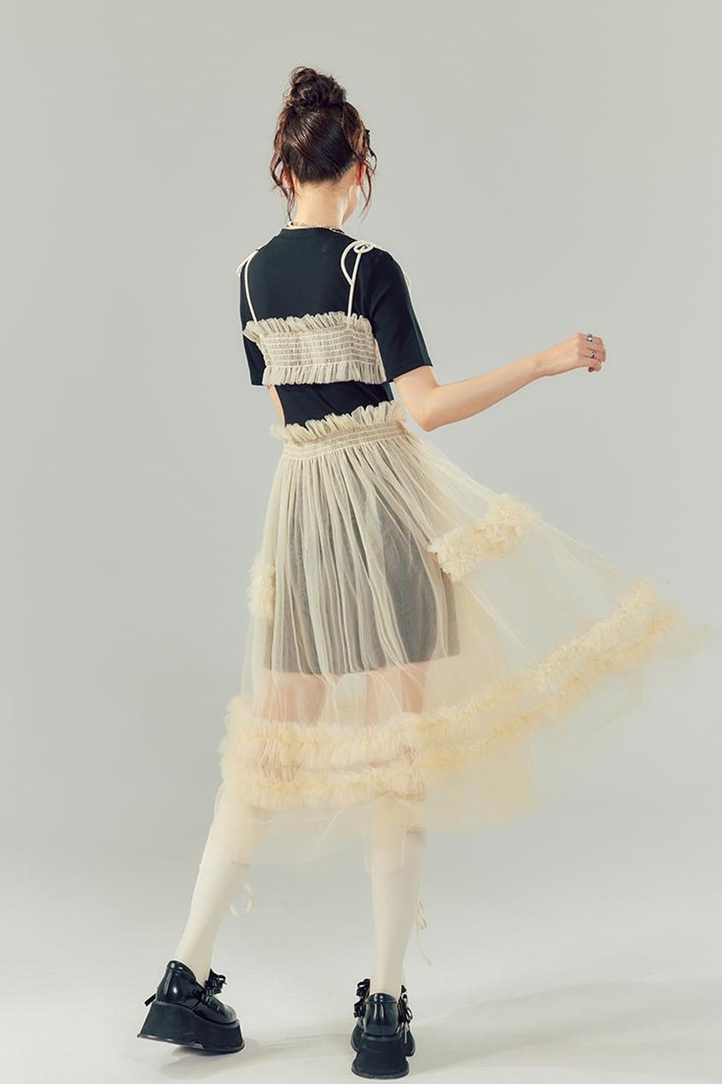 DIDDI MODA Layered Lace Mesh Ruffle Dress