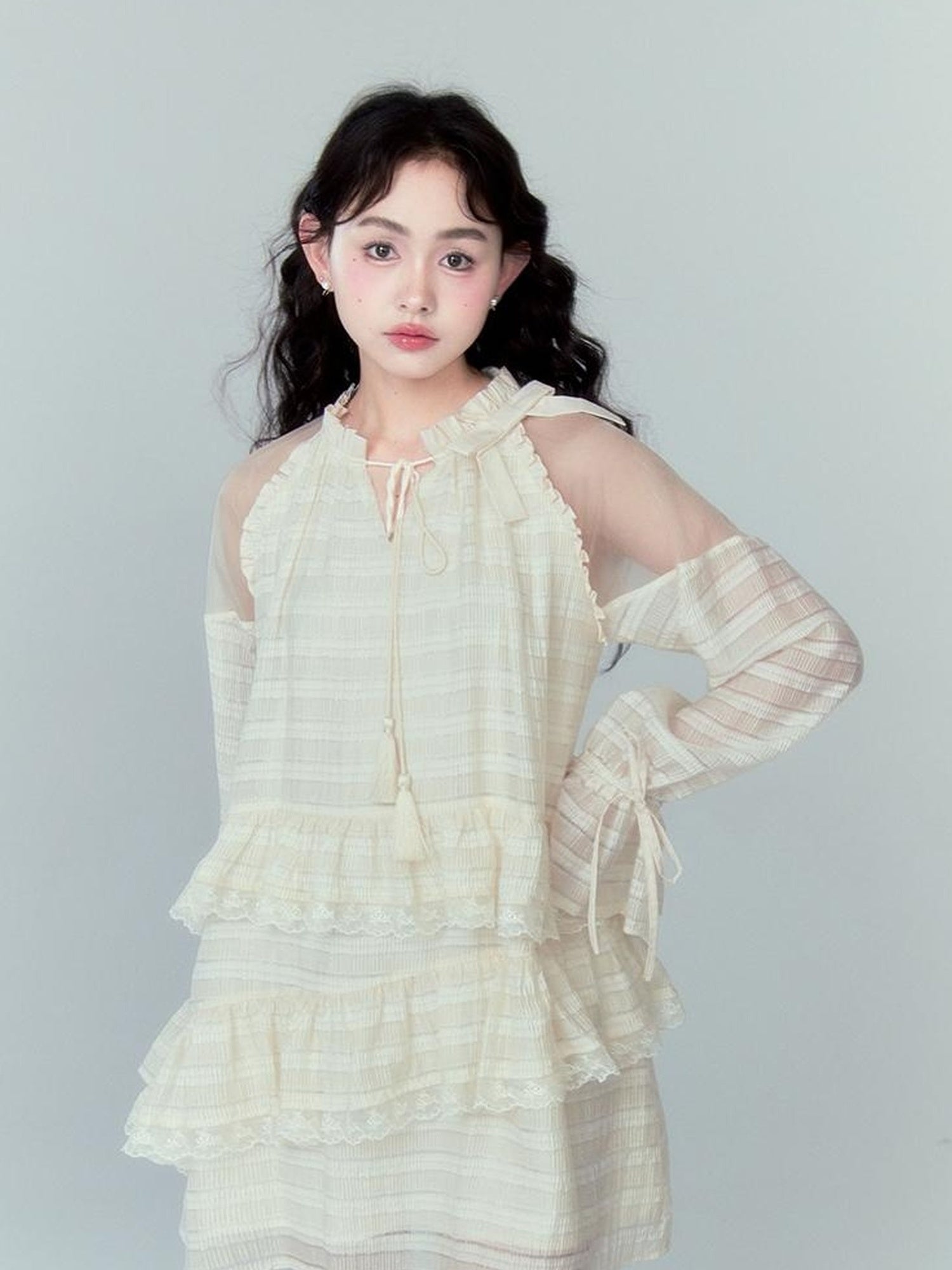 DIDDI MODA Layered Tulle Midi Dress With Fringe Lace Details