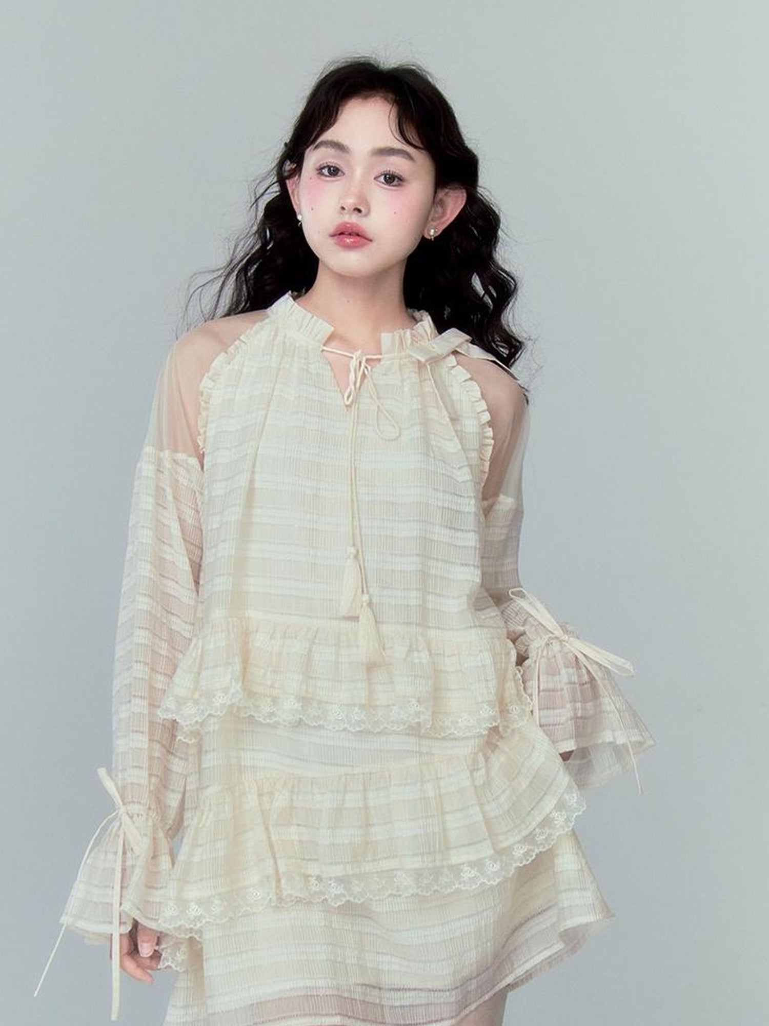 DIDDI MODA Layered Tulle Midi Dress With Fringe Lace Details