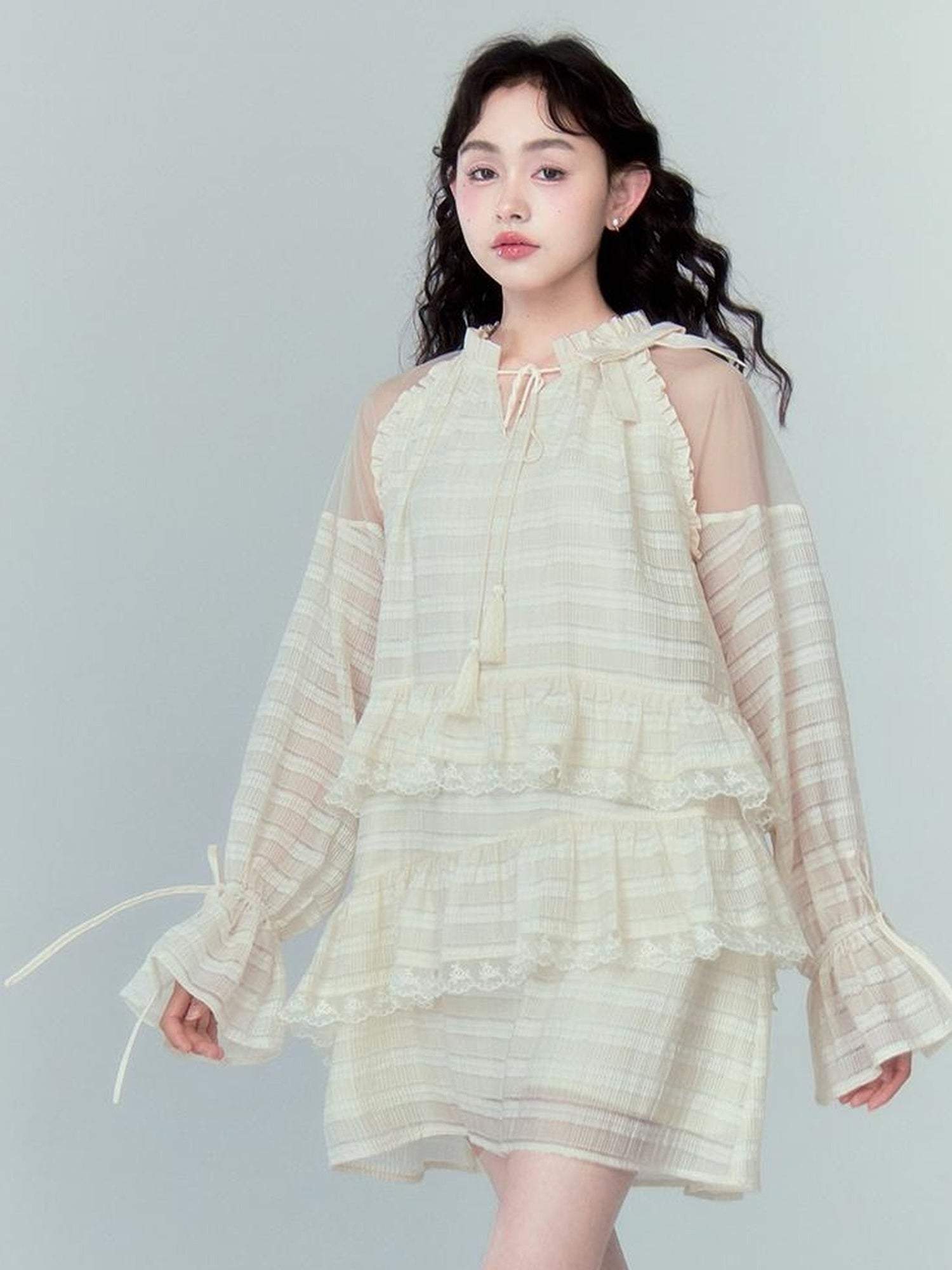 DIDDI MODA Layered Tulle Midi Dress With Fringe Lace Details