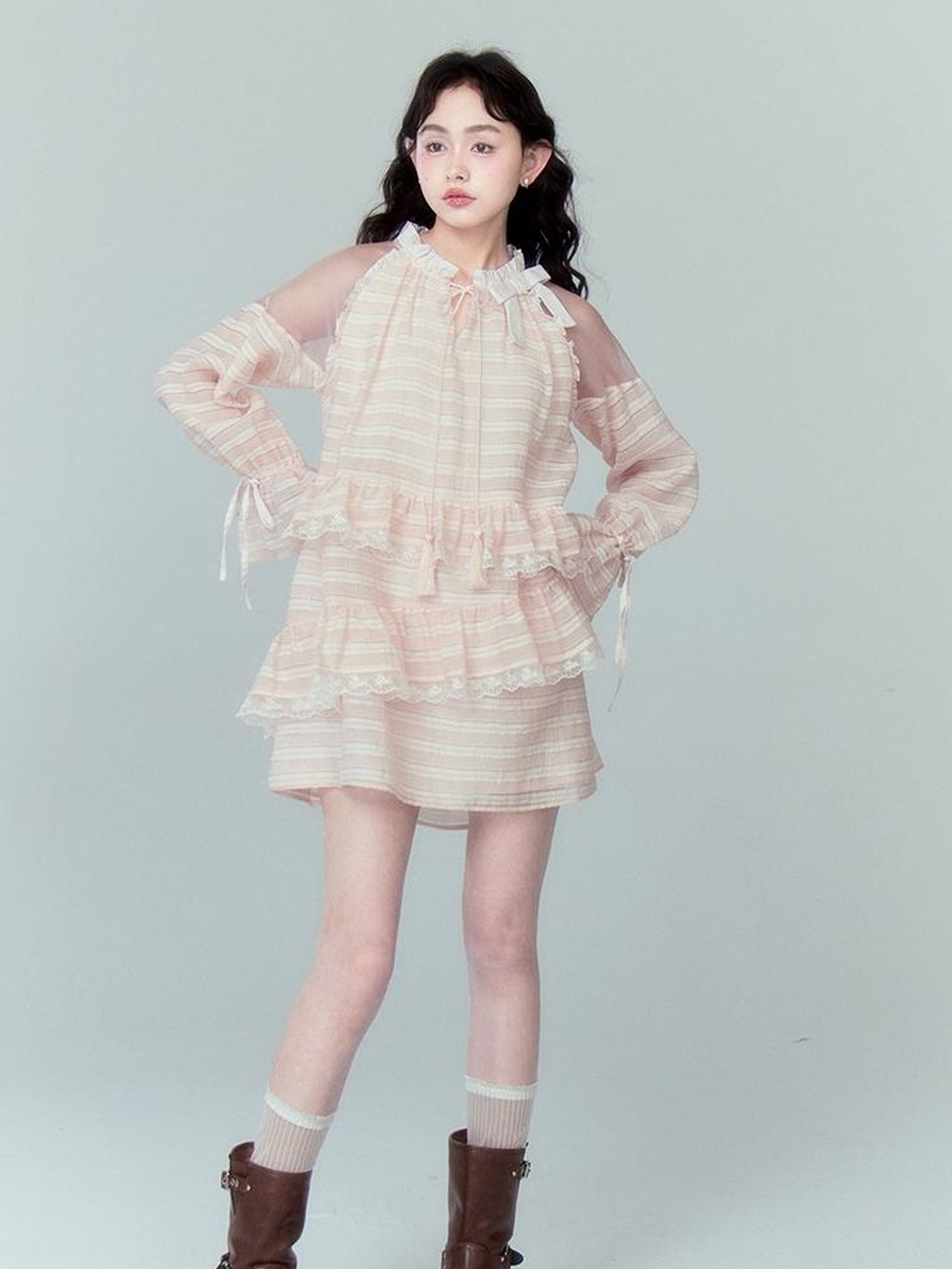 DIDDI MODA Layered Tulle Midi Dress With Fringe Lace Details