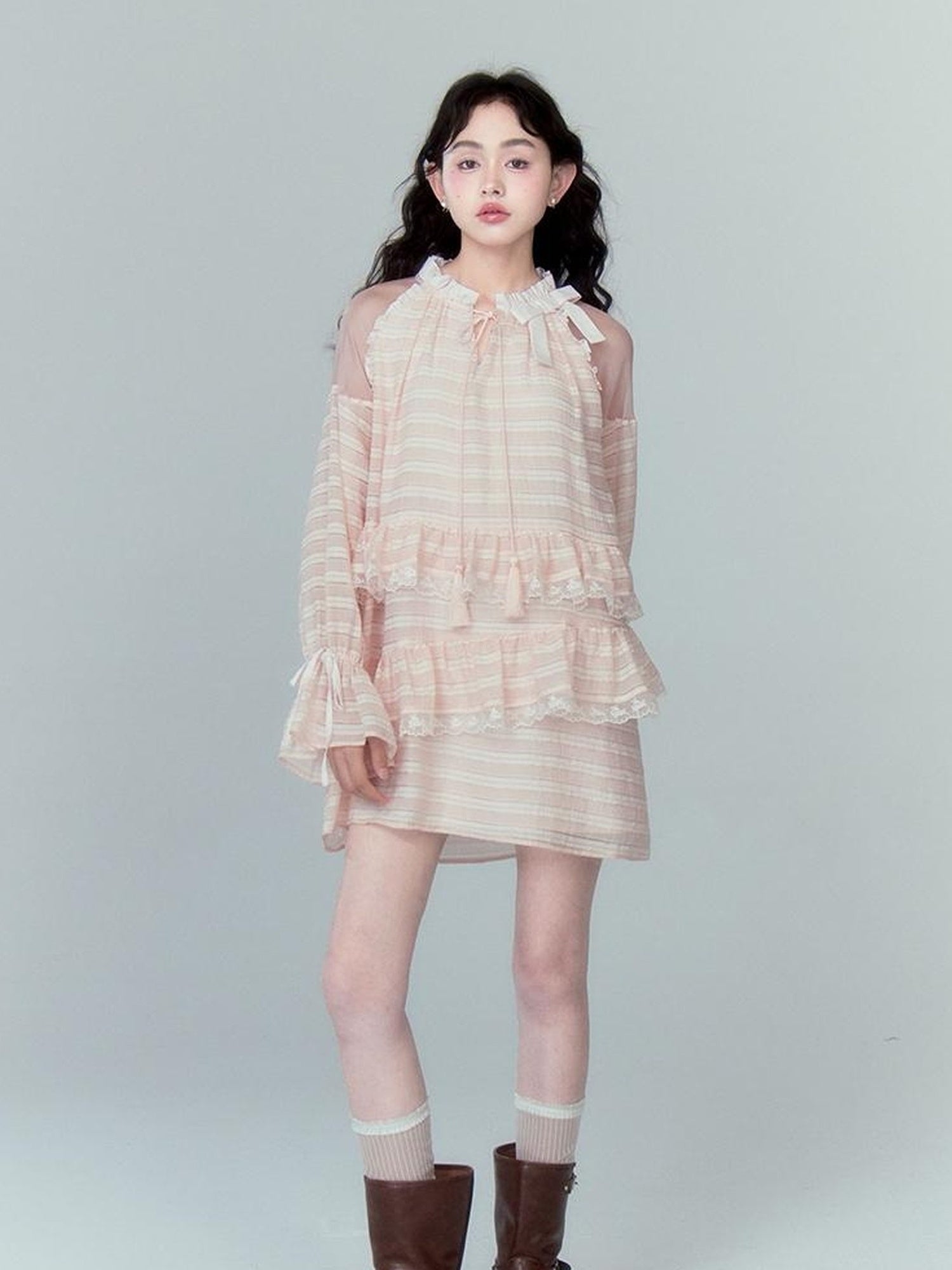 DIDDI MODA Layered Tulle Midi Dress With Fringe Lace Details