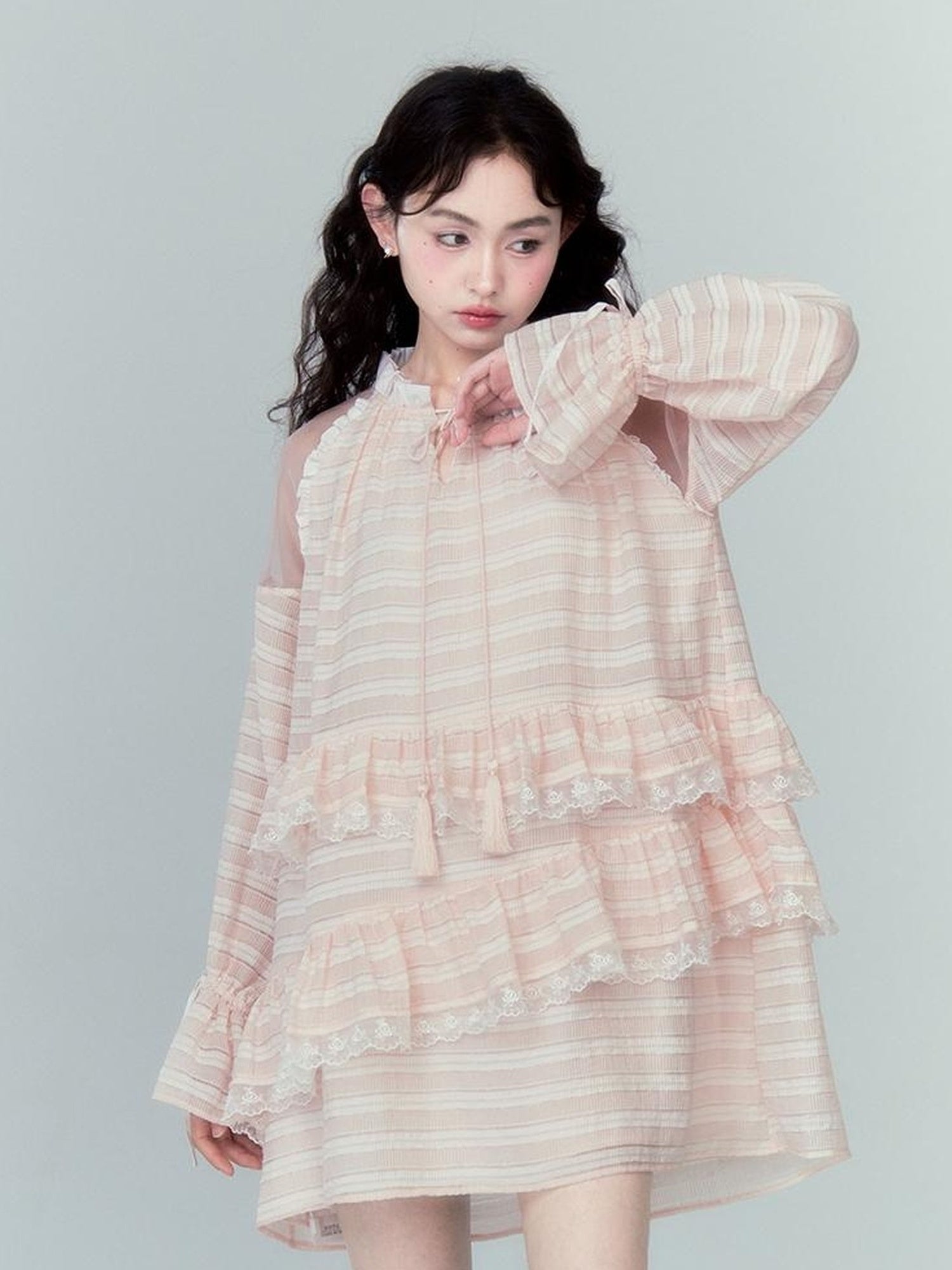 DIDDI MODA Layered Tulle Midi Dress With Fringe Lace Details