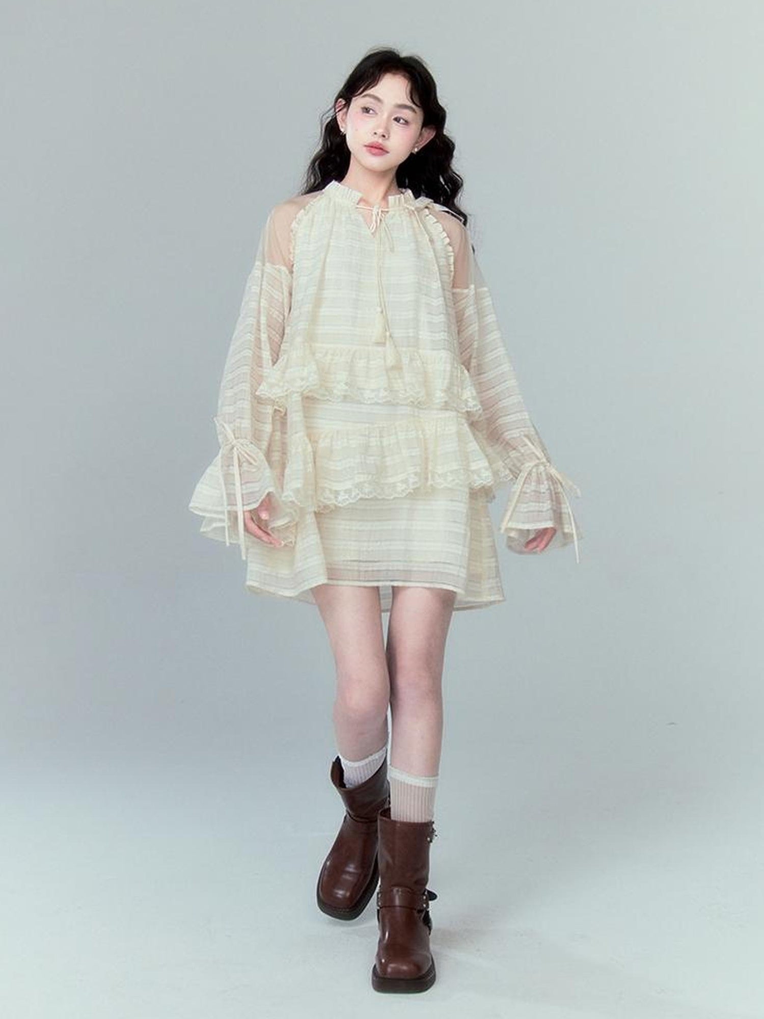 DIDDI MODA Layered Tulle Midi Dress With Fringe Lace Details