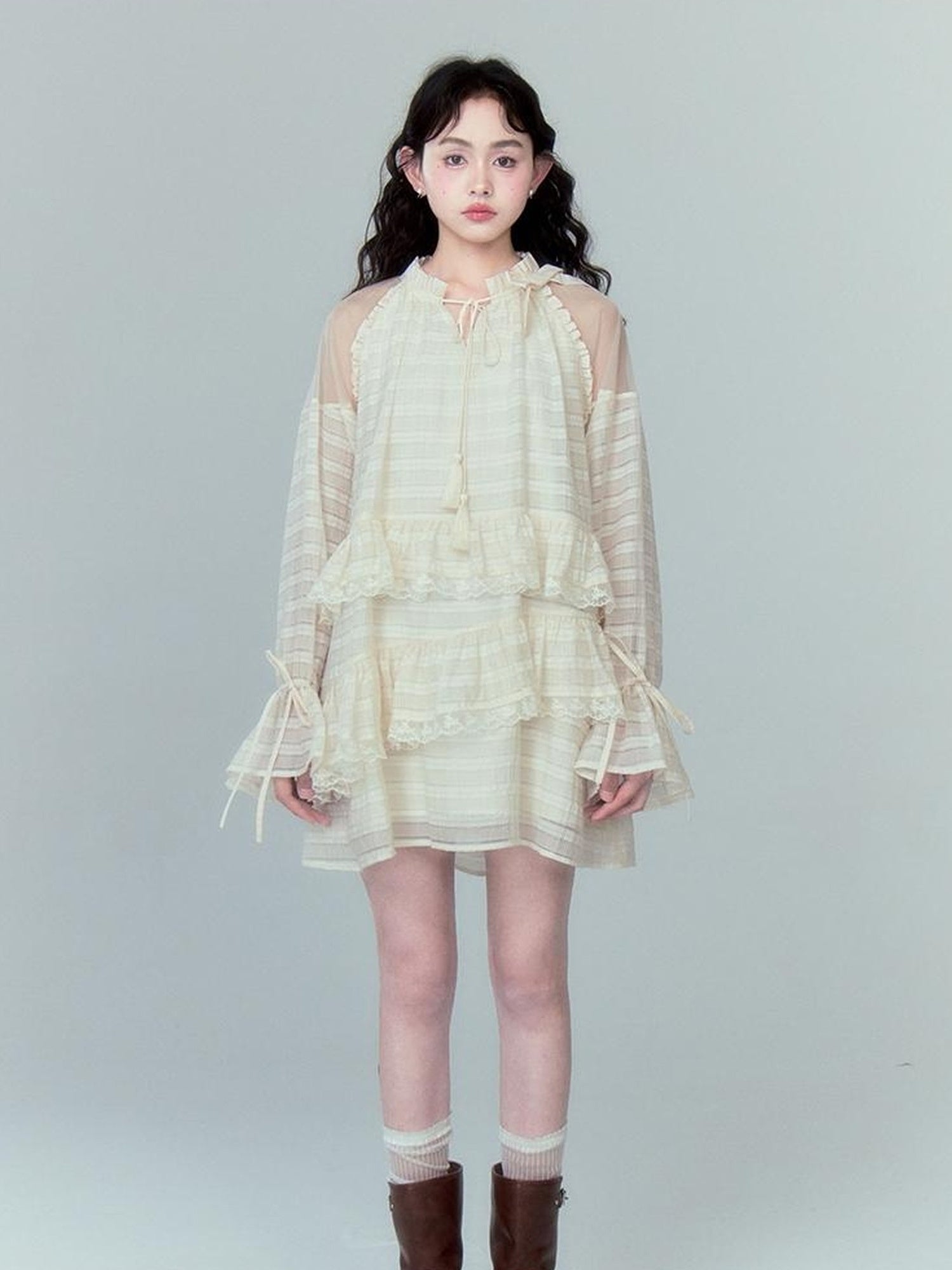 DIDDI MODA Layered Tulle Midi Dress With Fringe Lace Details