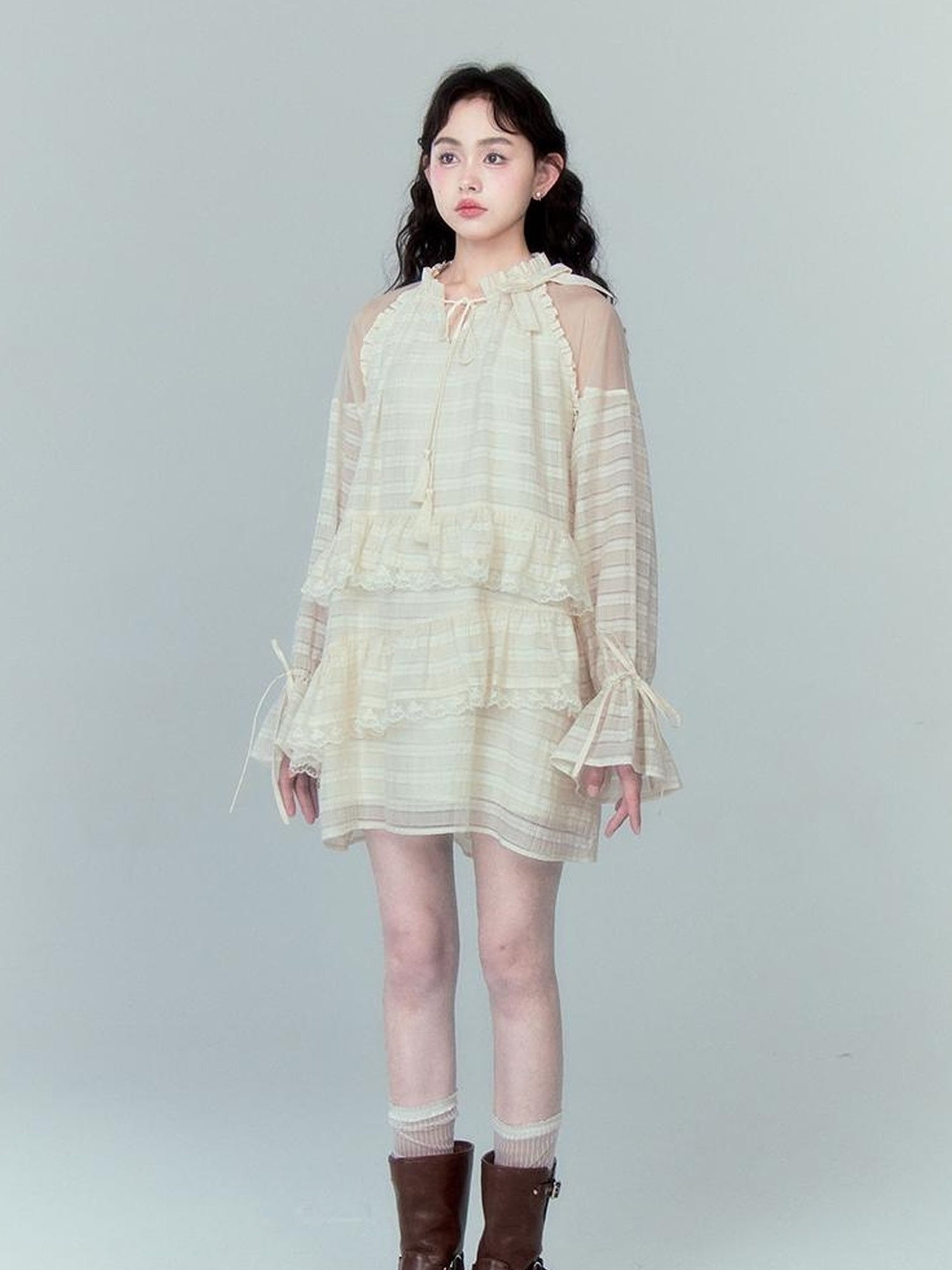 DIDDI MODA Layered Tulle Midi Dress With Fringe Lace Details